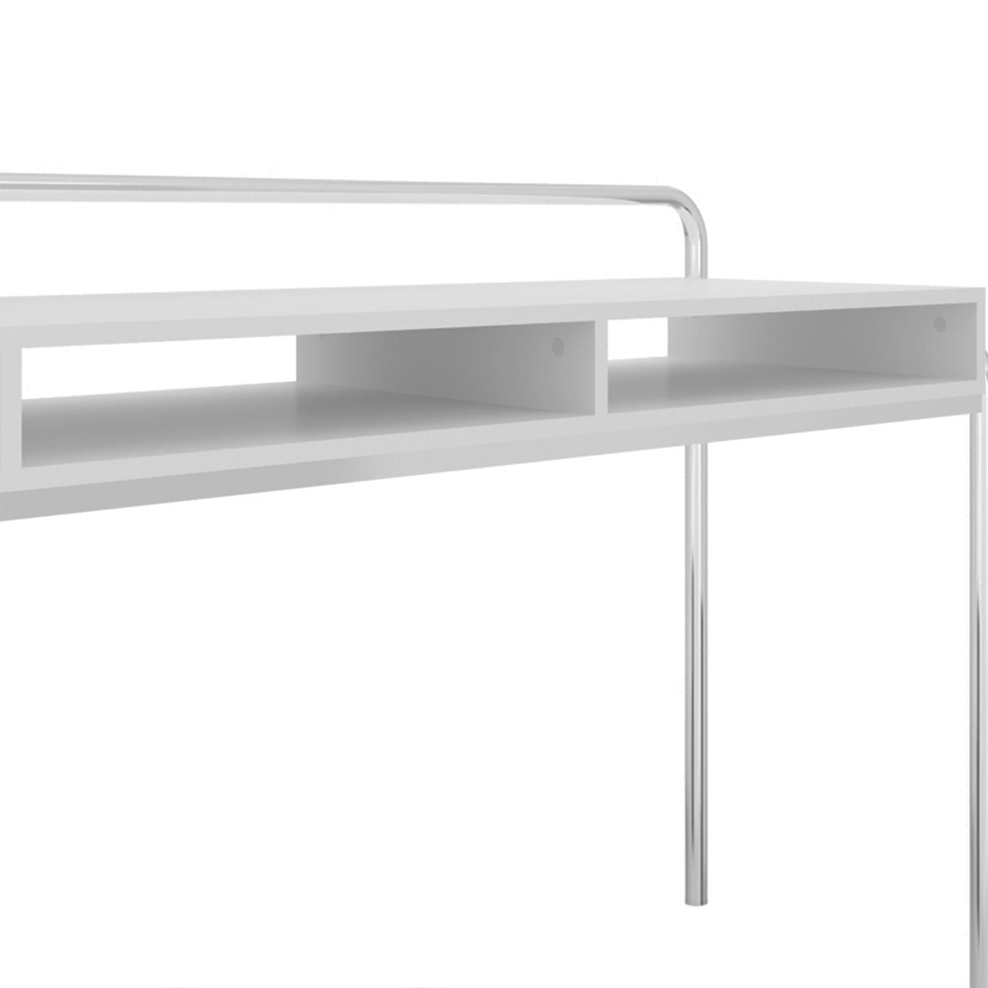 Office Desk with 2 Compartments and Tubular Metal Frame, White and Chrome