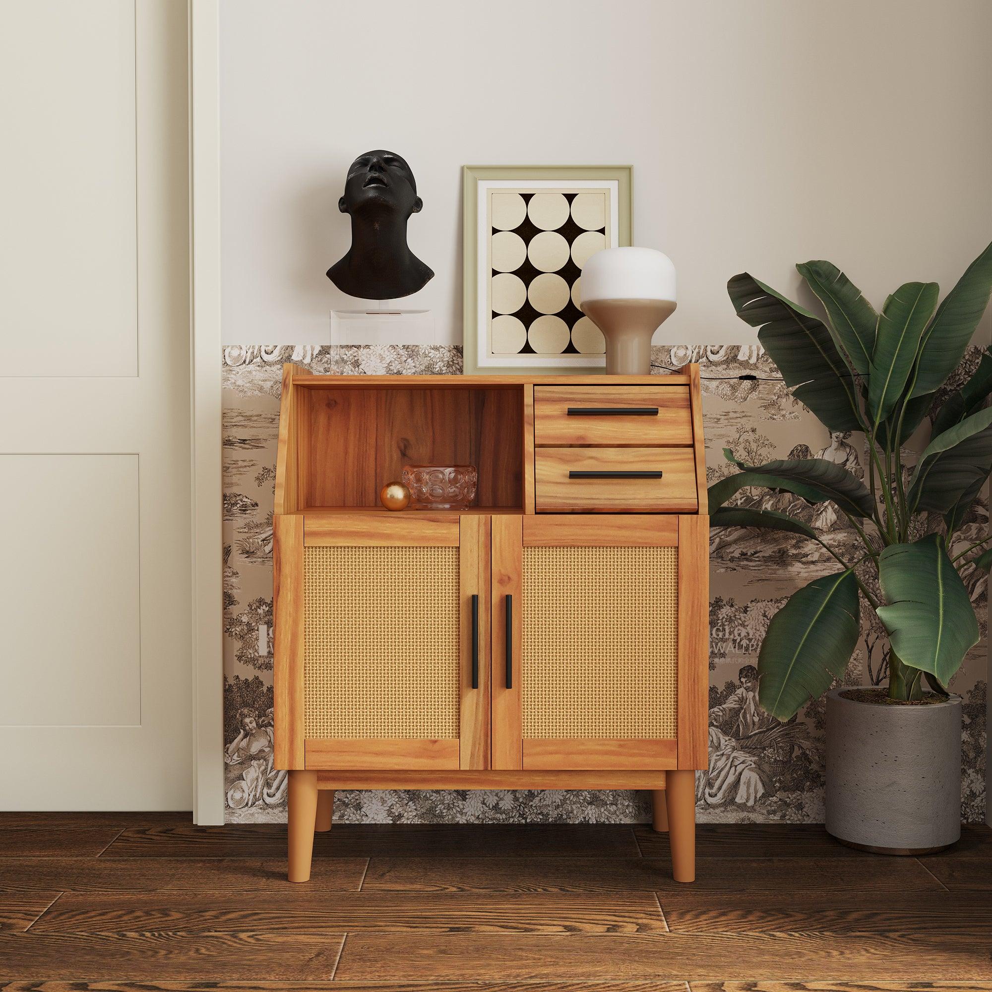 Farmhouse Sideboard Buffet AccentStorage Cabinet, with Rattan Doors and drawers, for Hallway, Entryway, Dining Room, or Living Room image