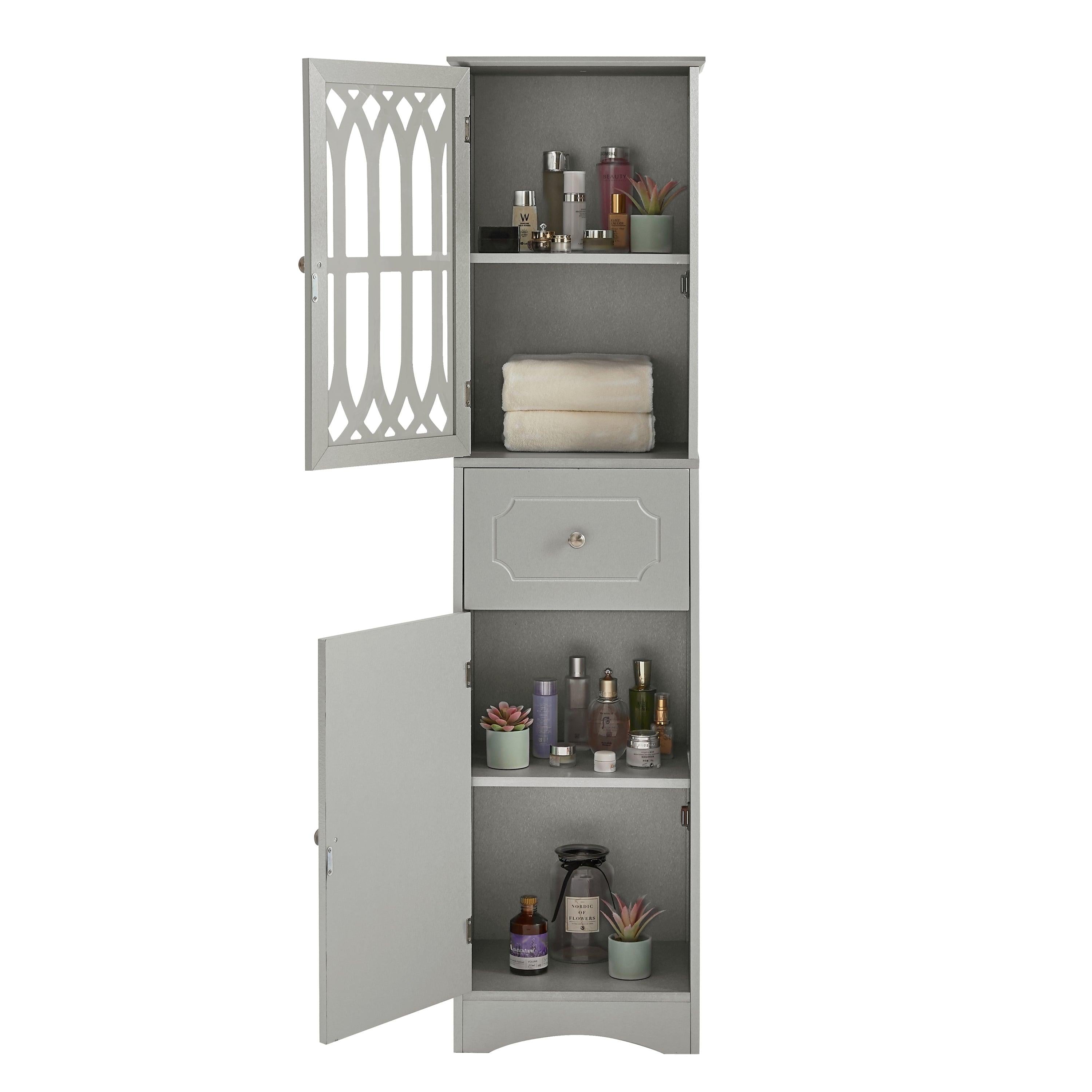 Tall Bathroom Cabinet, FreestandingStorage Cabinet with Drawer and Doors, MDF Board, Acrylic Door, Adjustable Shelf, Grey