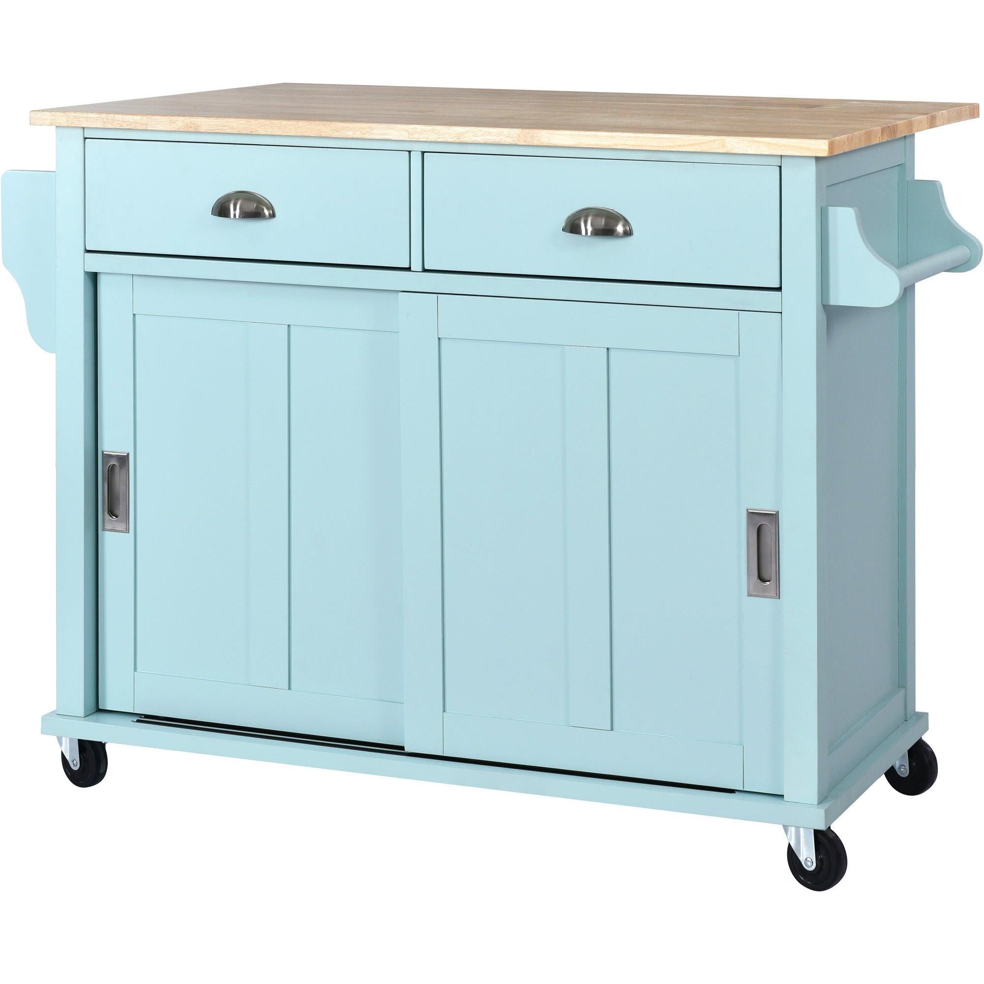 Kitchen Cart with Rubber wood Drop-Leaf Countertop, Concealed sliding barn door adjustable height,Kitchen Island on 4 Wheels withStorage Cabinet and 2 Drawers,L52.2xW30.5xH36.6 inch, Mint Green