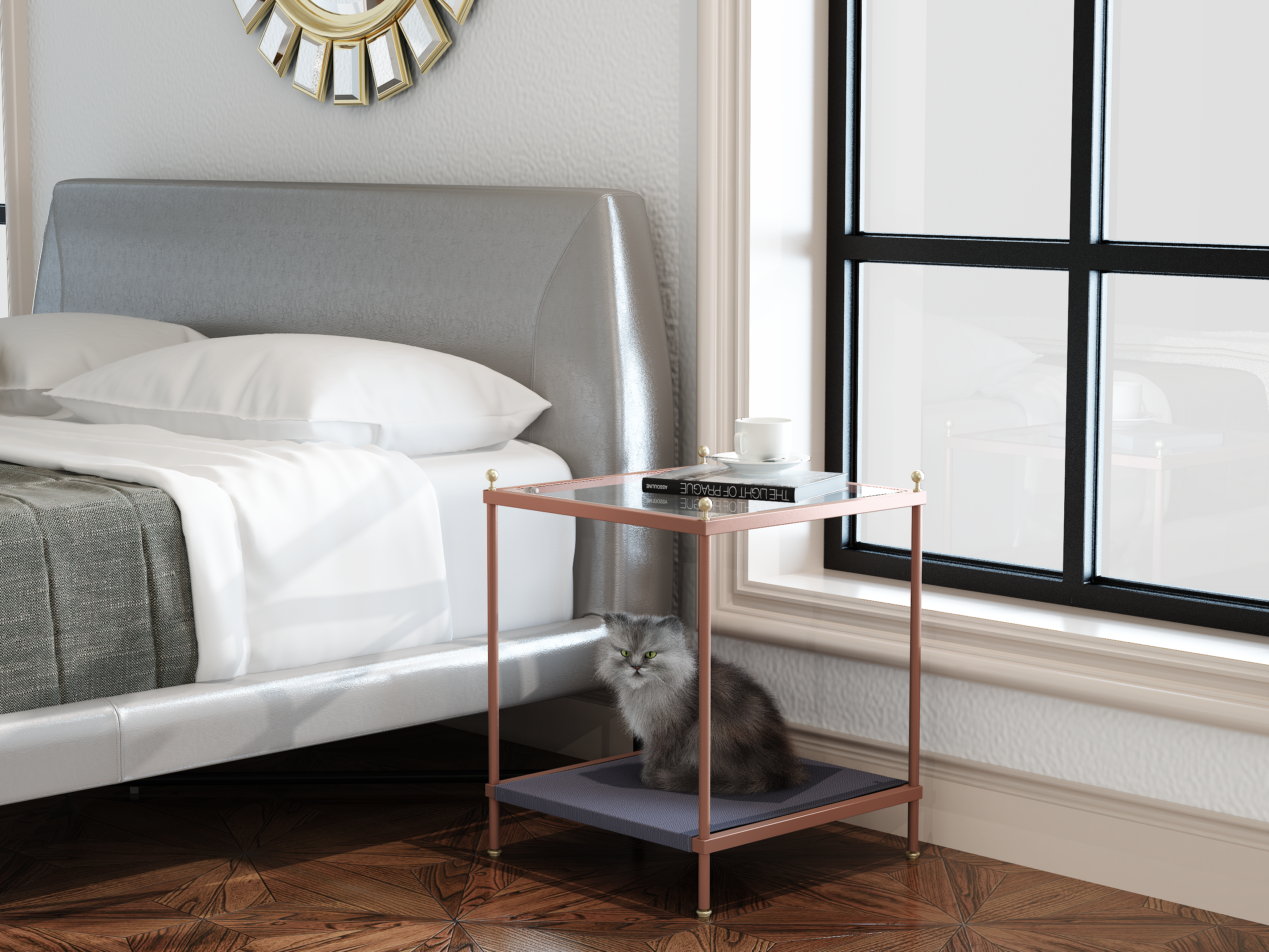 coffee table share with pets（Provide pet mat）, Net cloth tempered glass tabletop coffee table,multi-function easy assembly minimalist creative metal tea table,cat and dog kennel/appliance image