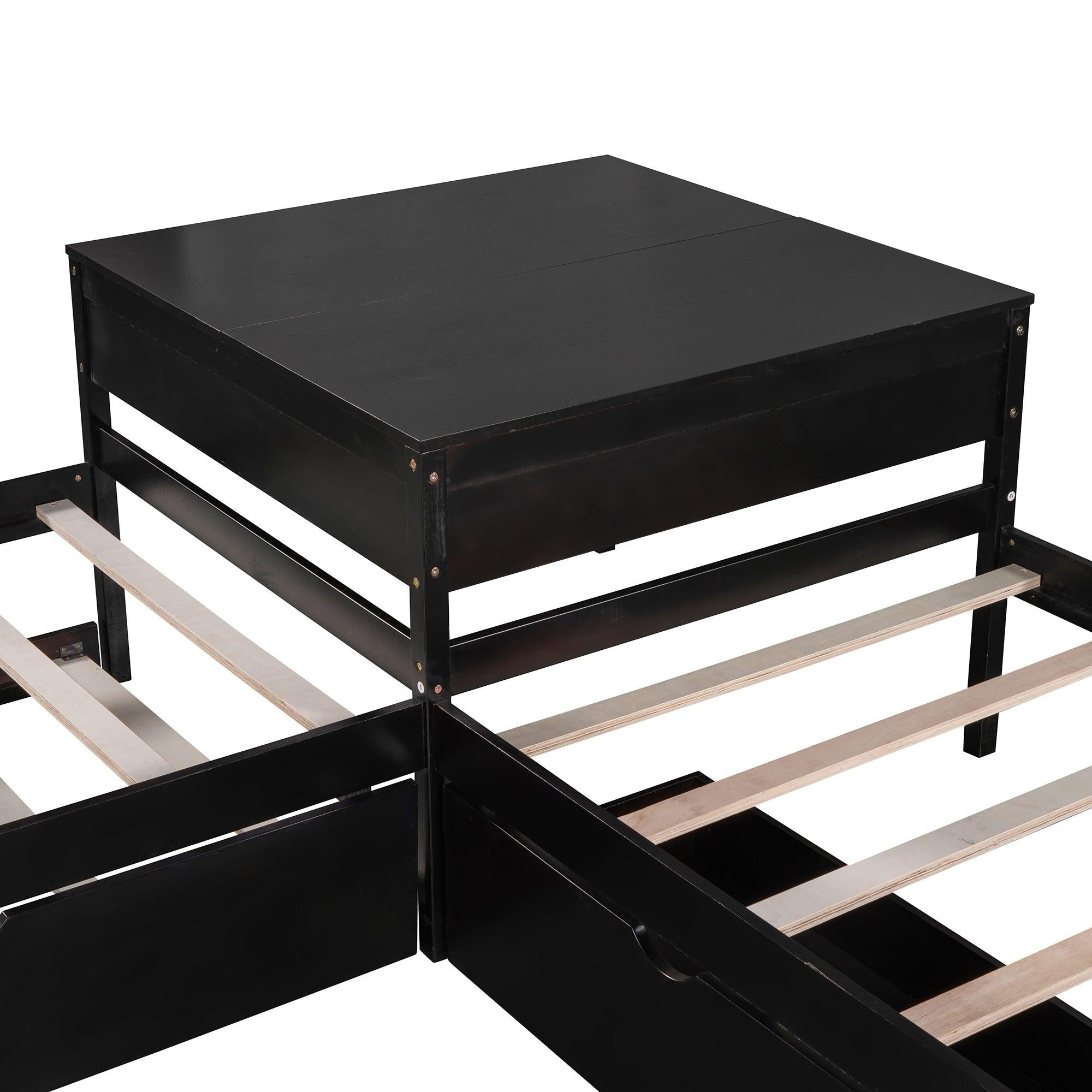 L-shaped Platform Bed with Trundle and Drawers Linked with built-in Desk,Twin,Espresso