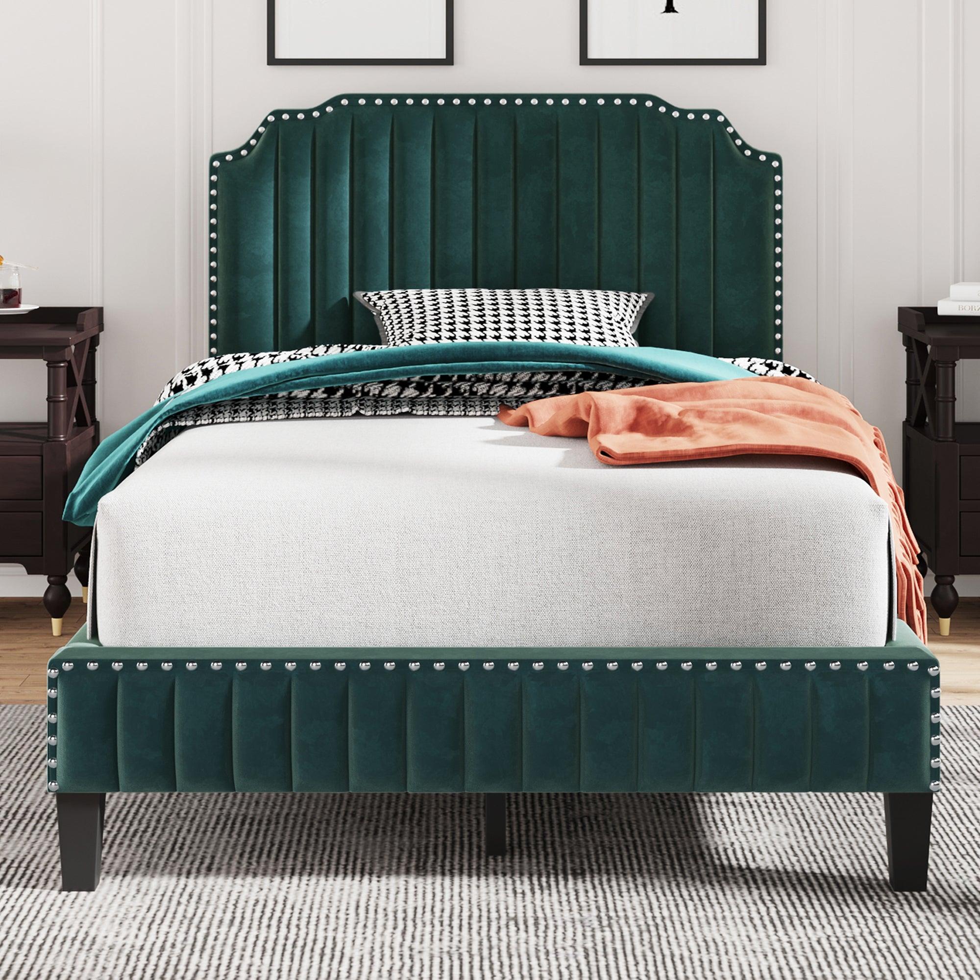 Modern Velvet Curved Upholstered Platform Bed , Solid Wood Frame , Nailhead Trim, Green (Full) image