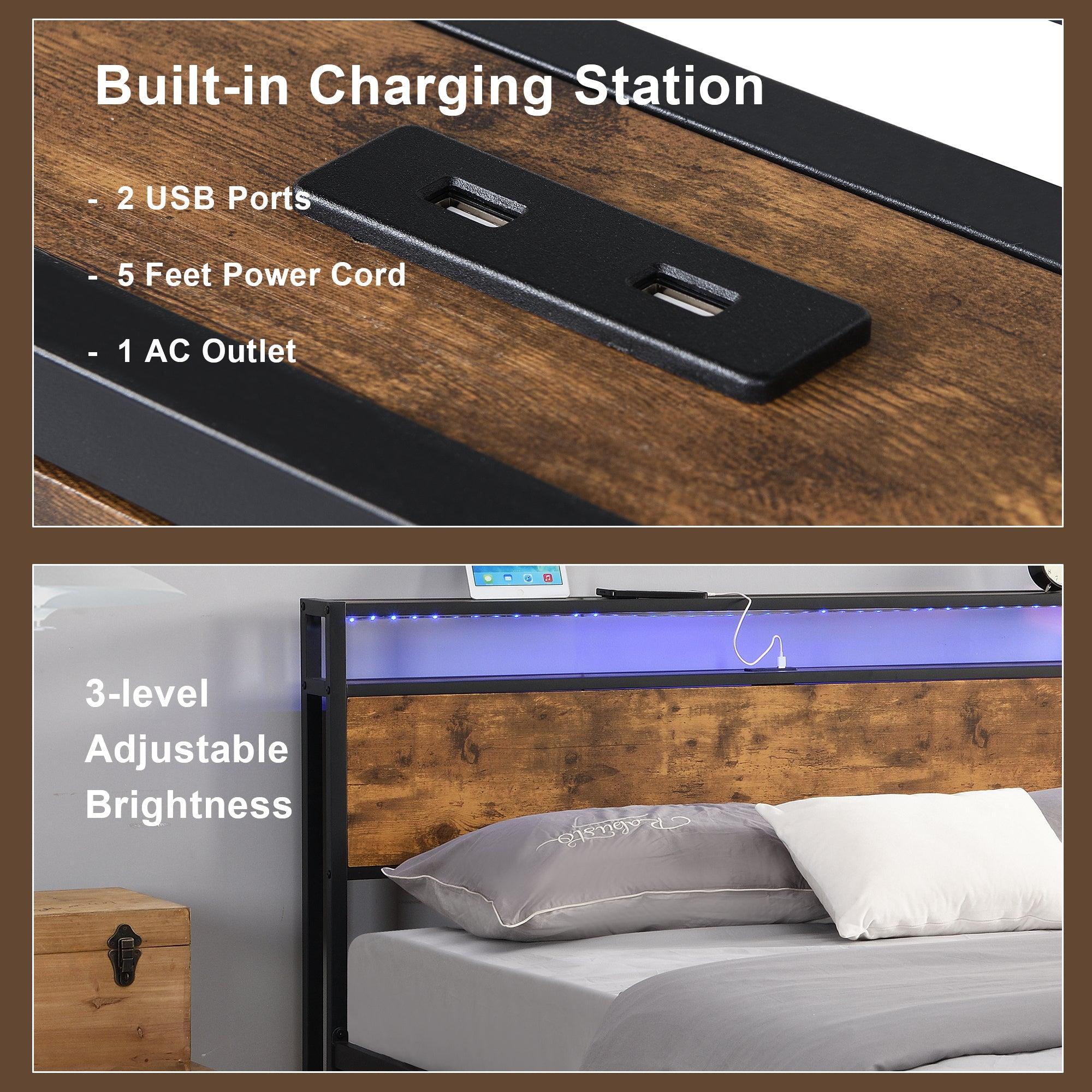 Industrial Full Bed Frame with LED Lights and 2 USB Ports, Bed Frame Full Size withStorage, Noise Free, No Box Spring Needed, Rustic Brown