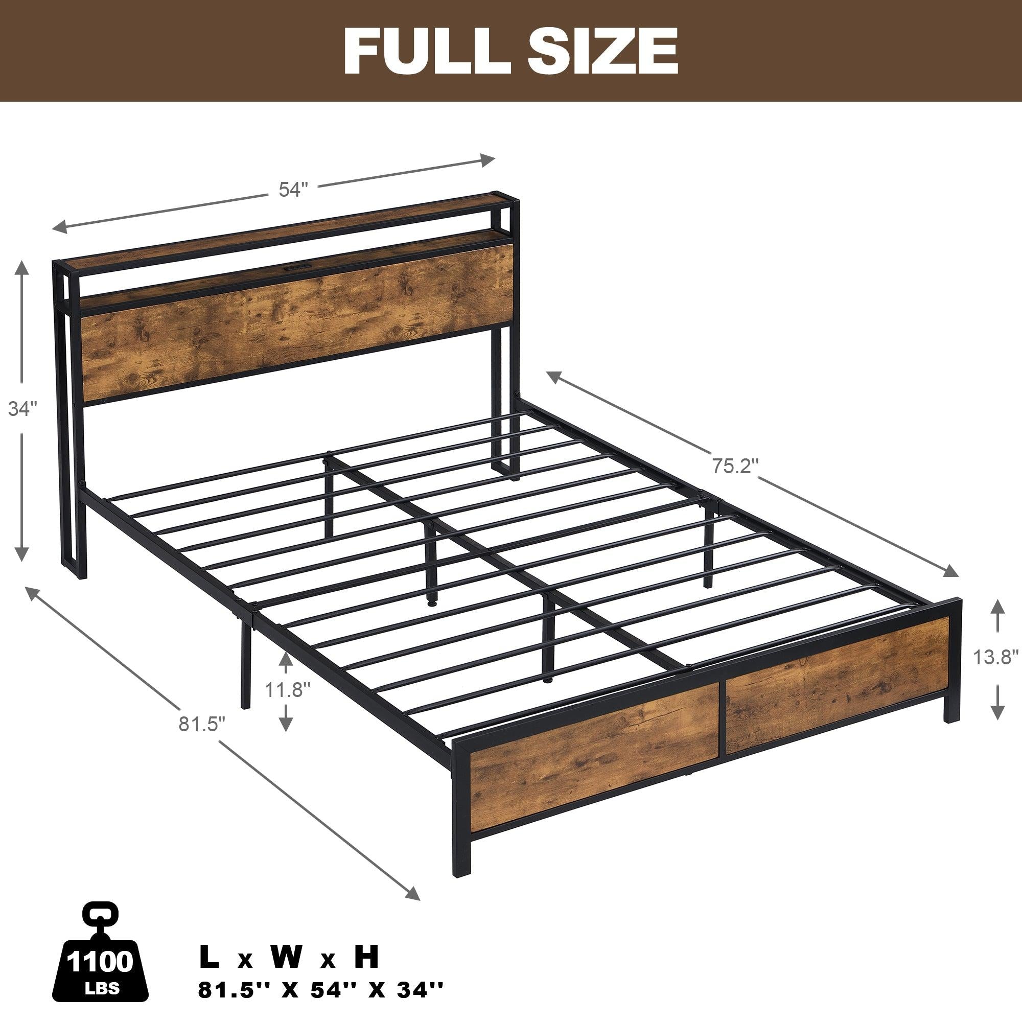 Industrial Full Bed Frame with LED Lights and 2 USB Ports, Bed Frame Full Size withStorage, Noise Free, No Box Spring Needed, Rustic Brown