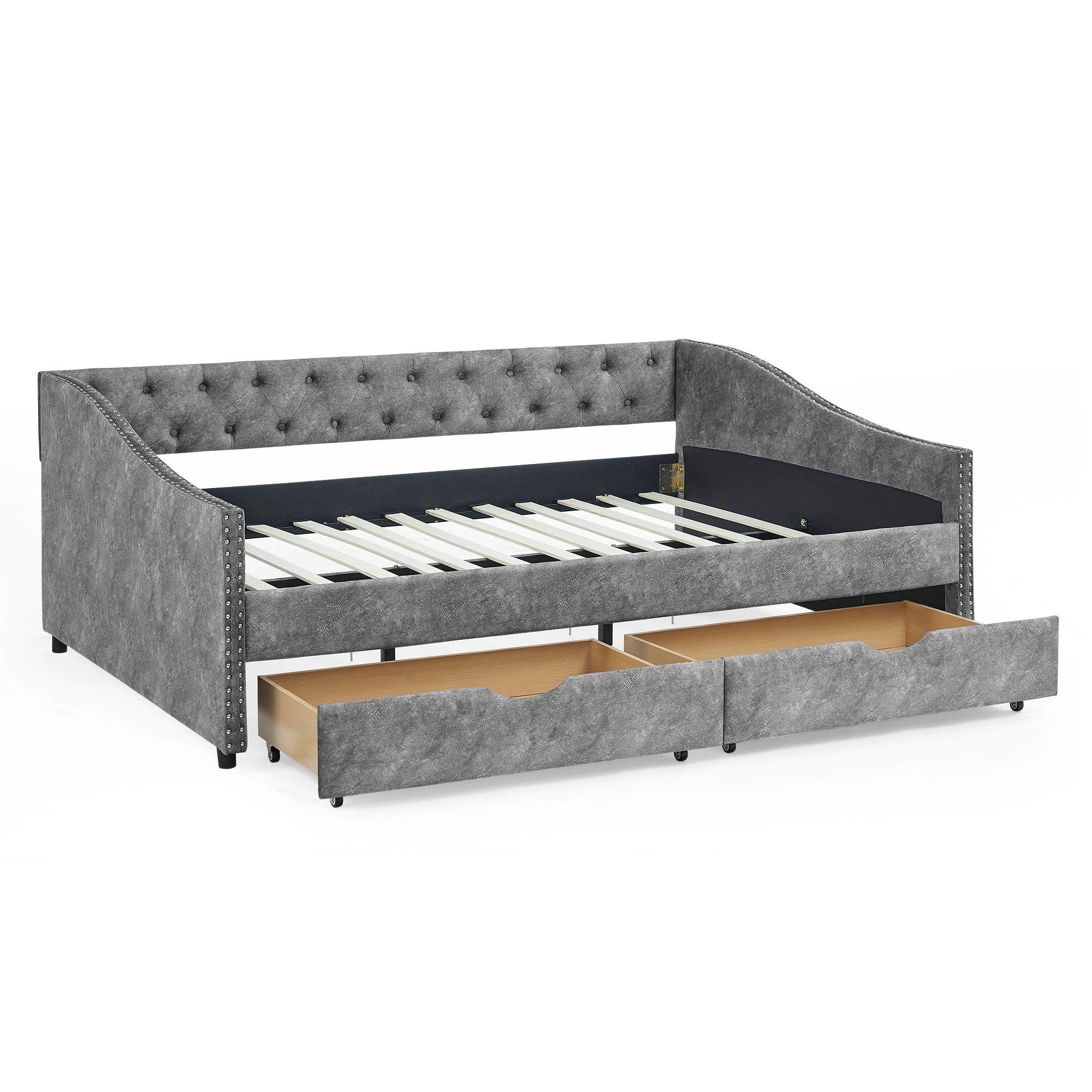 Full Size Daybed with Drawers Upholstered Tufted Sofa Bed, with Button on Back and Copper Nail on Waved Shape Arms，Grey（80.5“x55.5”x27.5“）