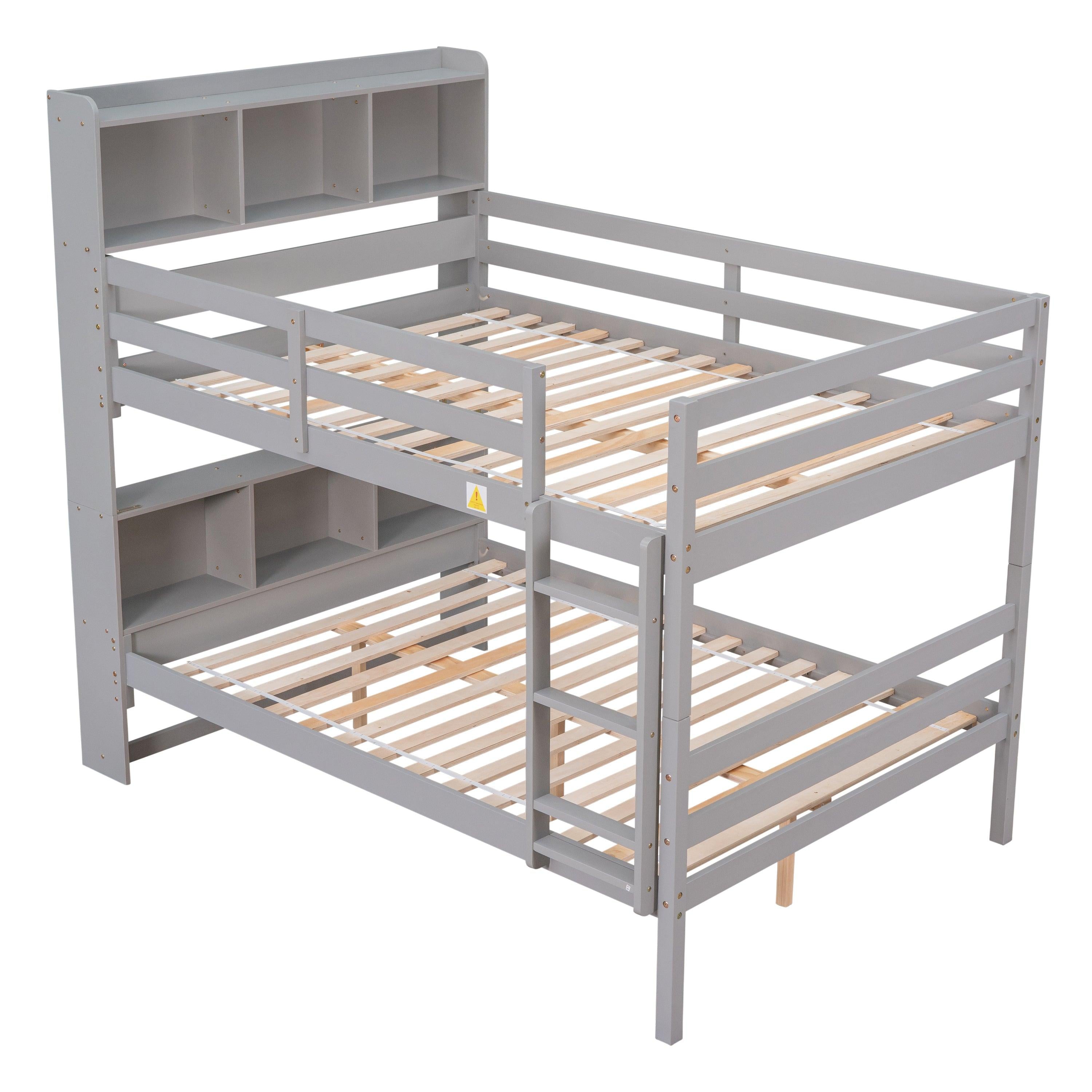 Full Over Full Bunk Beds with Bookcase Headboard, Solid Wood Bed Frame with Safety Rail and Ladder, Kids/Teens Bedroom, Guest Room Furniture, Can Be converted into 2 Beds, Grey