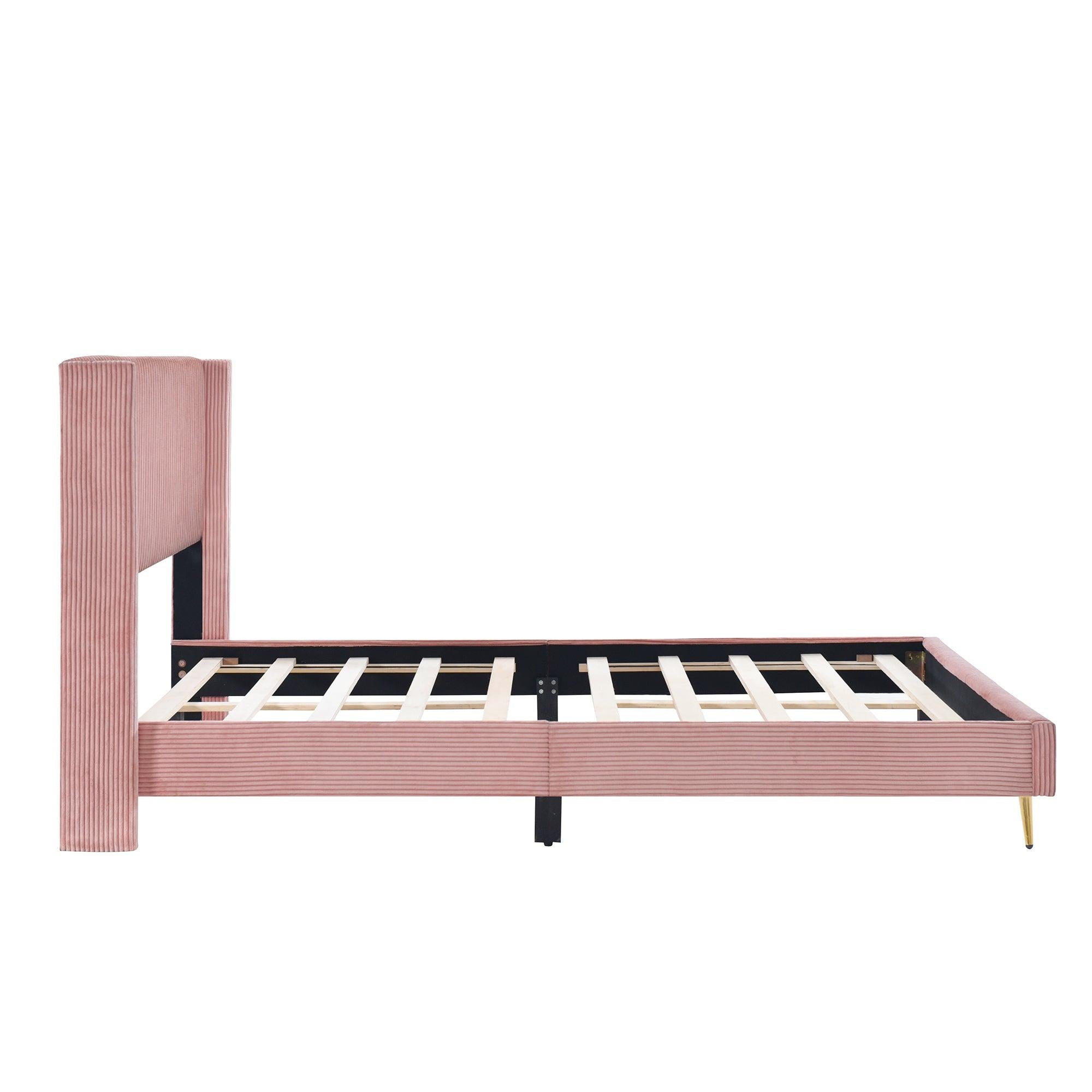 Queen Size Corduroy Platform Bed with Metal Legs, Pink