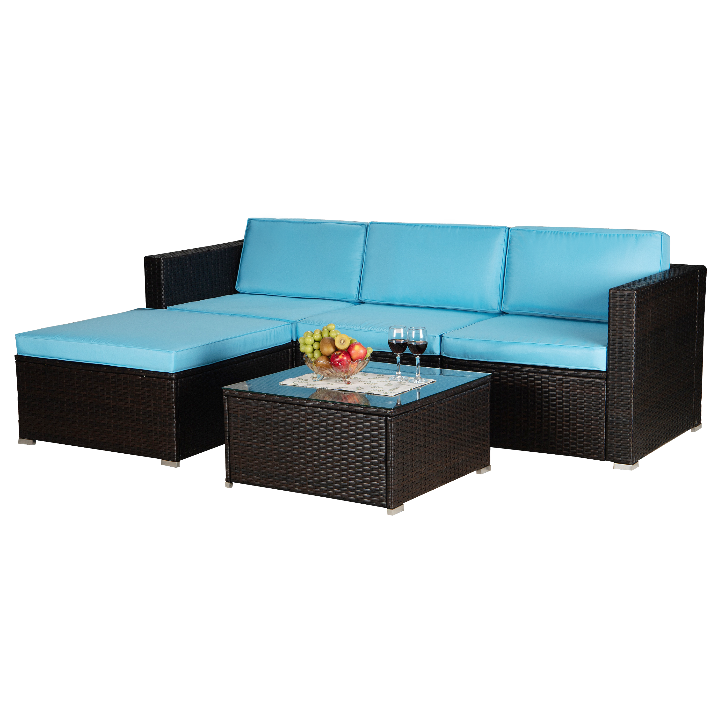 Outdoor Garden Patio Furniture 5-Piece Brown PE Rattan Wicker Sectional Blue Cushioned Sofa Sets