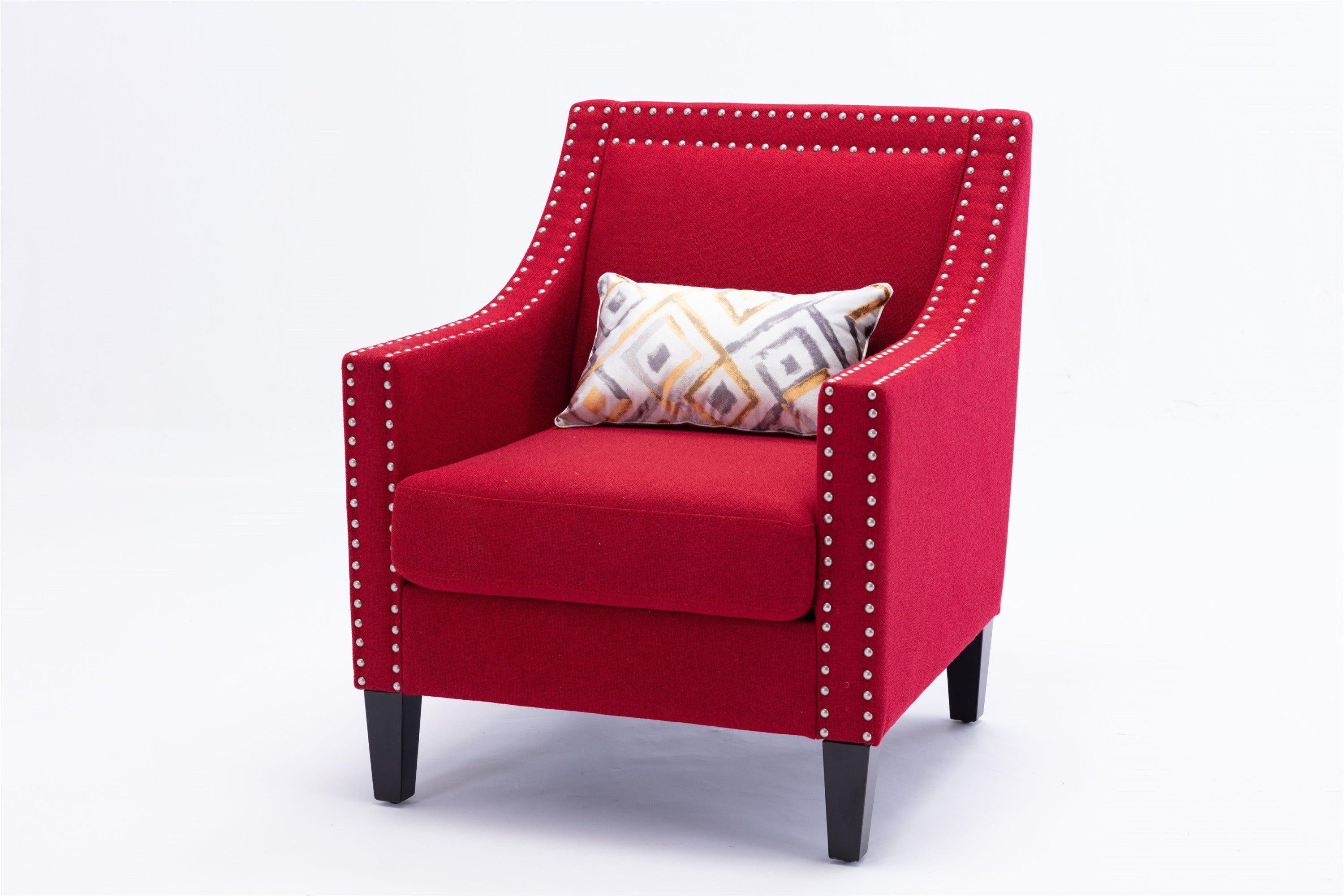 accent armchair living room chair  with nailheads and solid wood legs  Red Linen