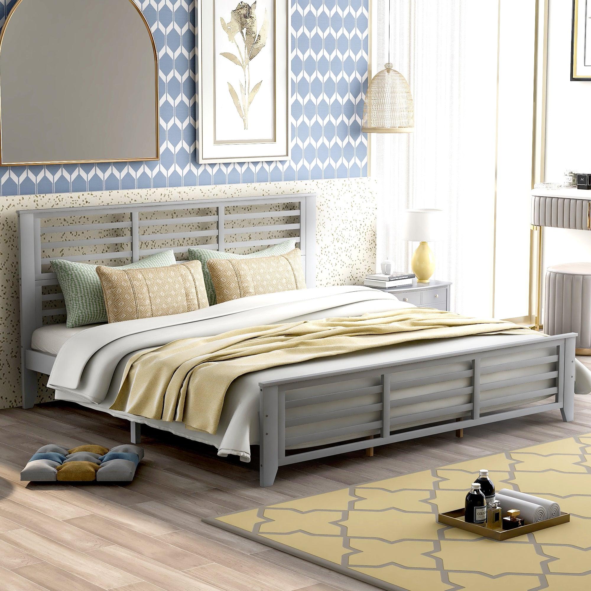 Platform bed with horizontal strip hollow shape, King size, gray （New） image