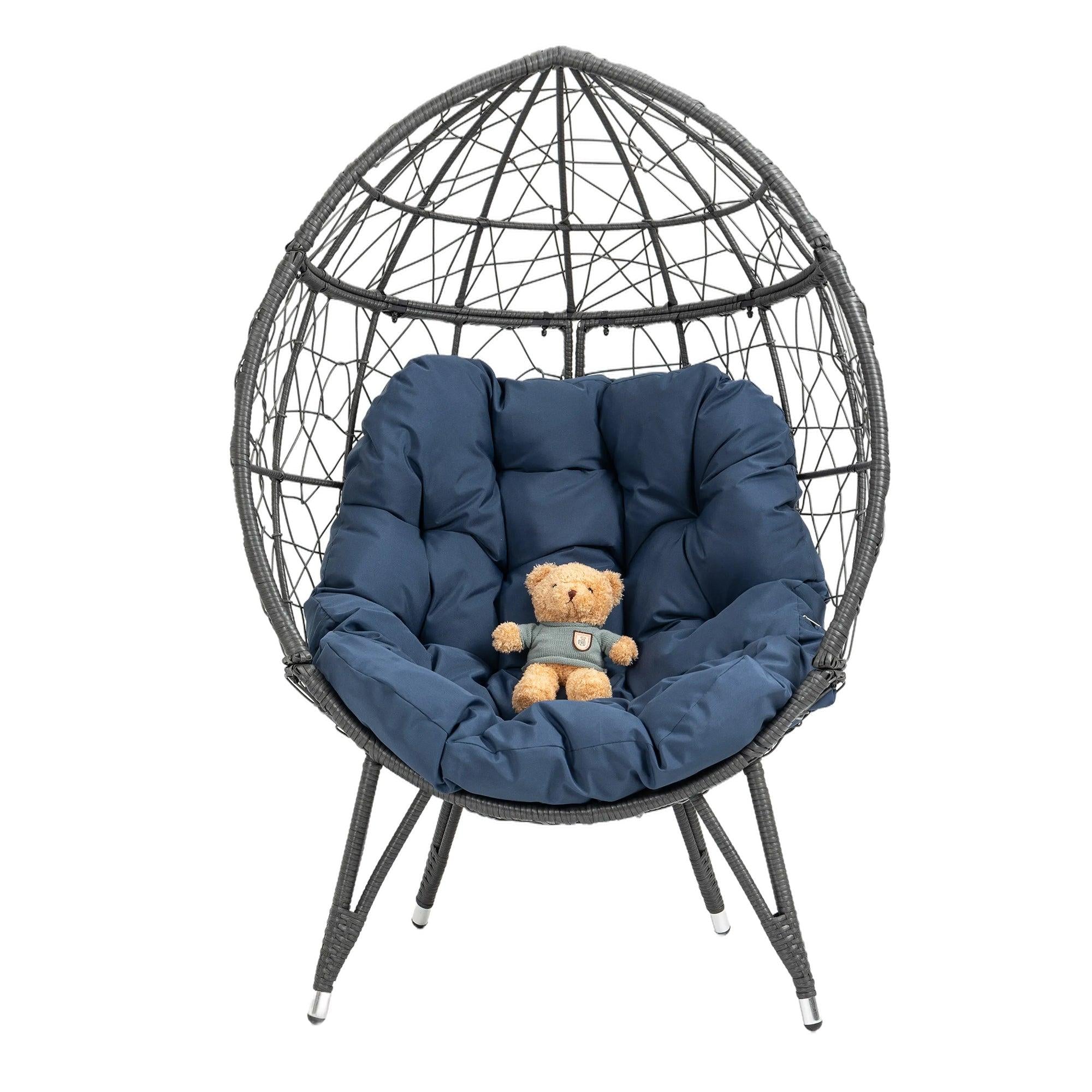 Outdoor Patio Wicker Egg Chair Indoor Basket Wicker Chair with Navy Cusion for Backyard Poolside image