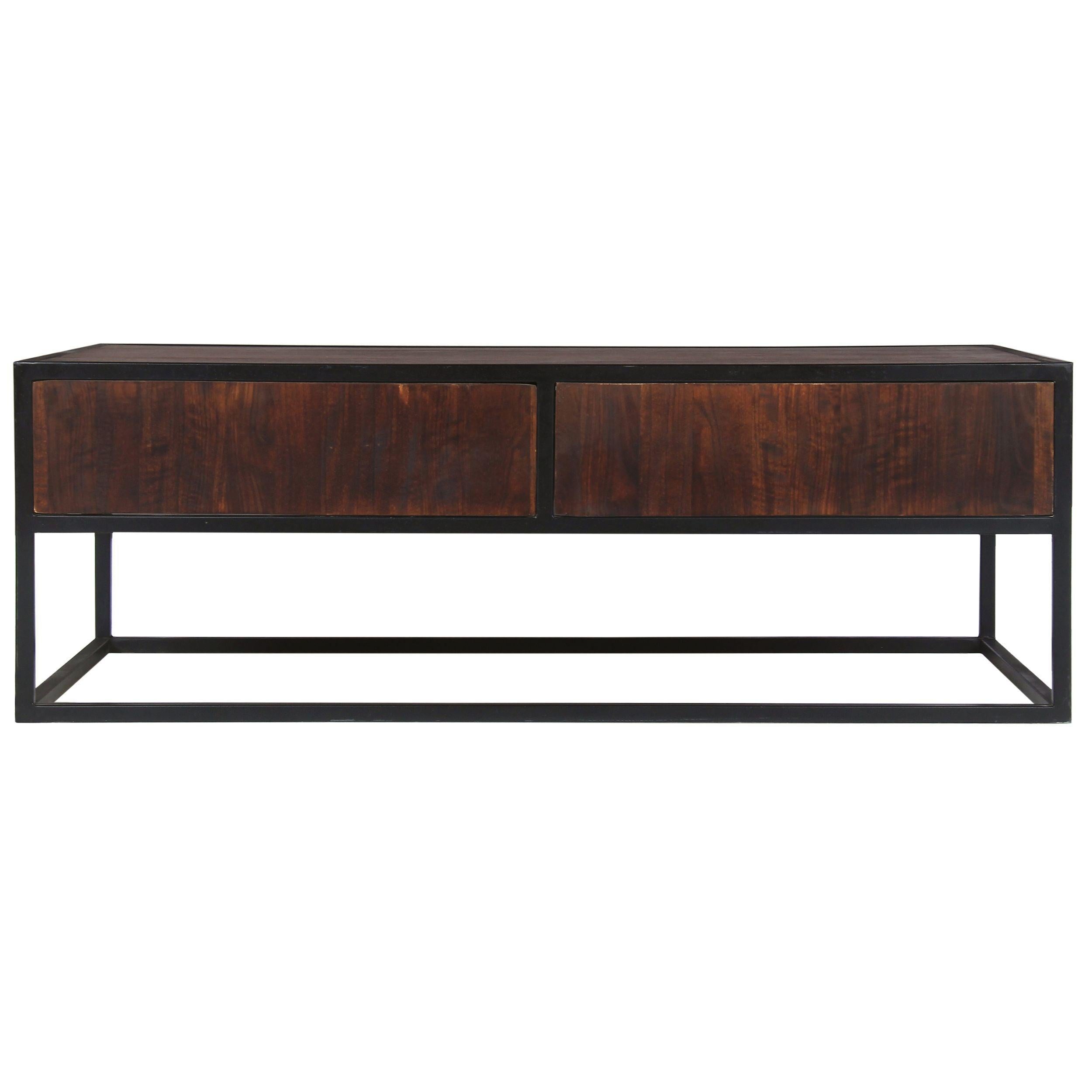 45 Inch Carson Rectangular ManWood Coffee Table with Metal Frame and 2 Drawers, Brown and Black