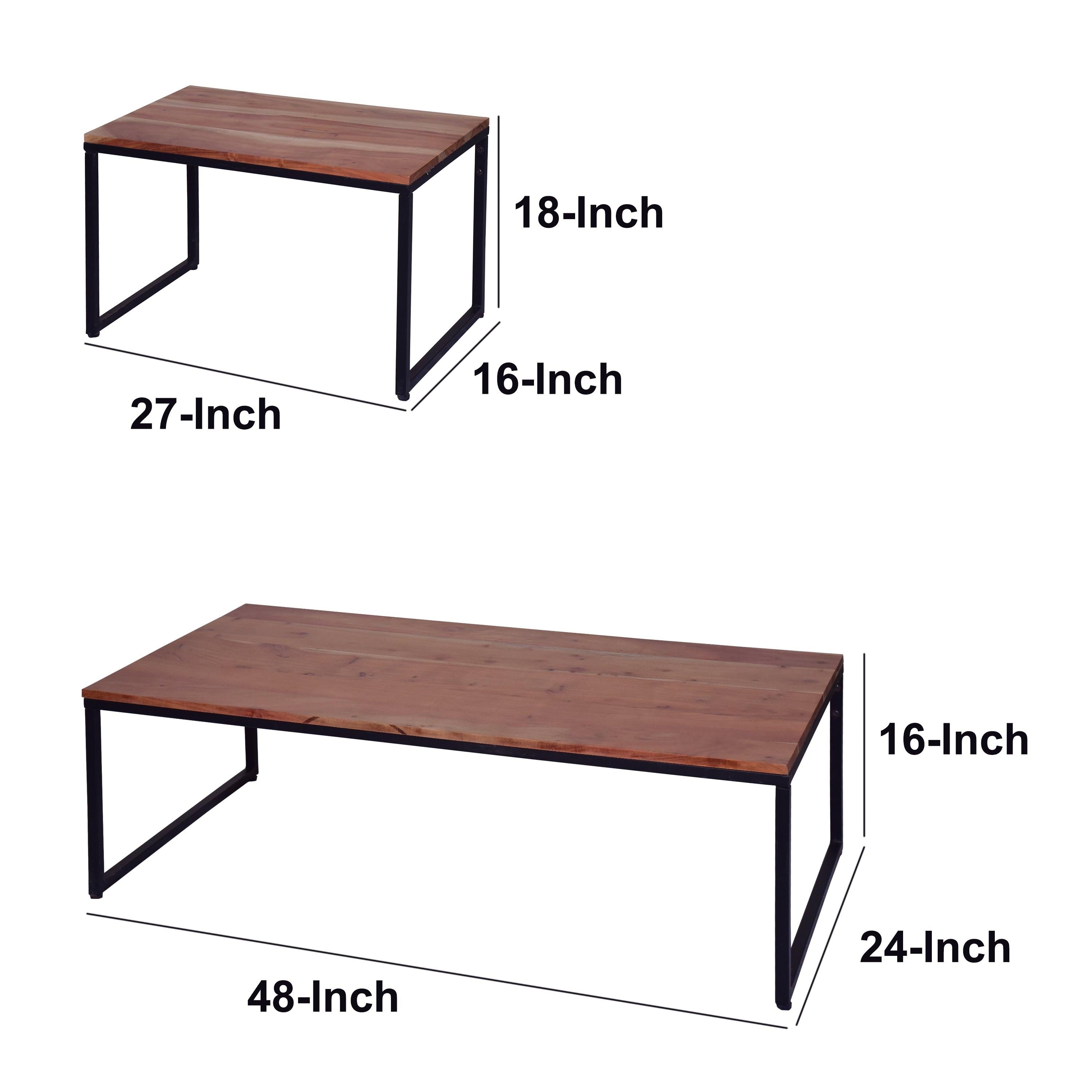 48, 27 Inch 2 Piece Rectangular Wood Nesting Coffee and End Table Set, Sled Metal Base, Brown, Black