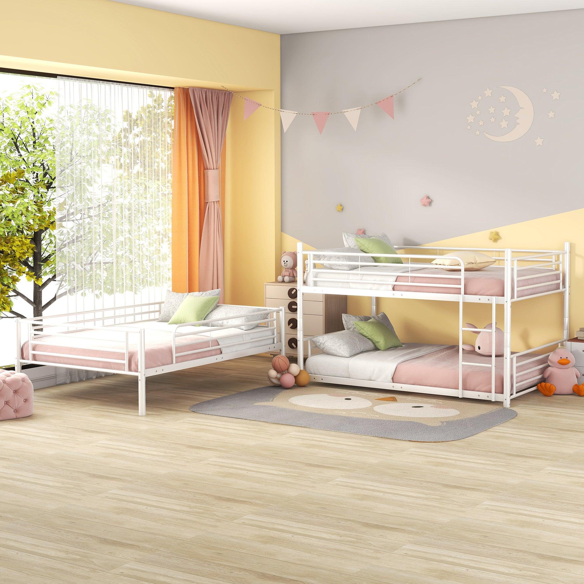 Full-Full-Full Metal  Triple Bed  with Built-in Ladder, Divided into Three Separate Beds,White