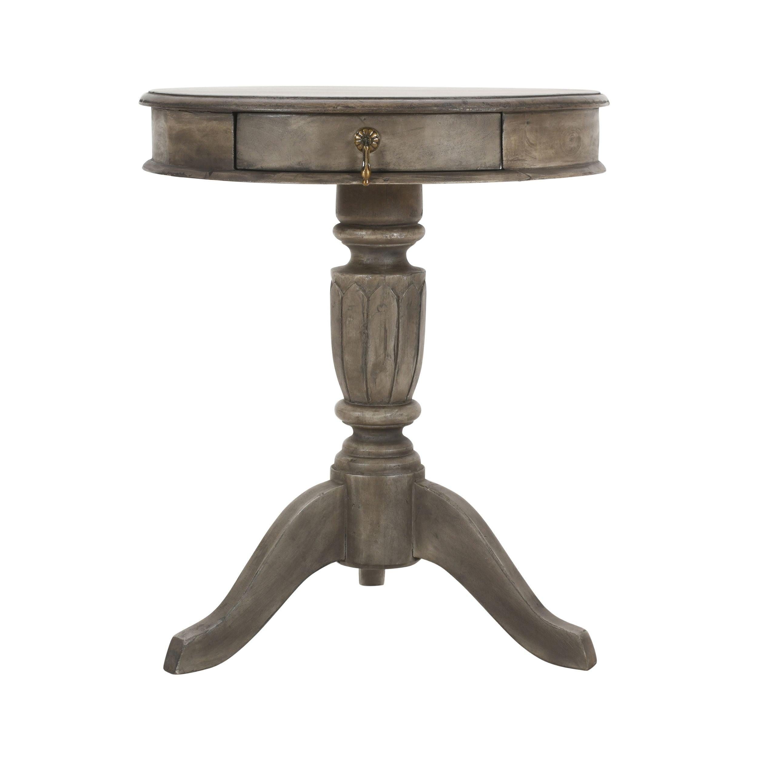 21 Inch Handcrafted ManWood Side Table with Drawer, Classic Pedestal Base and Round Top, Rustic Gray