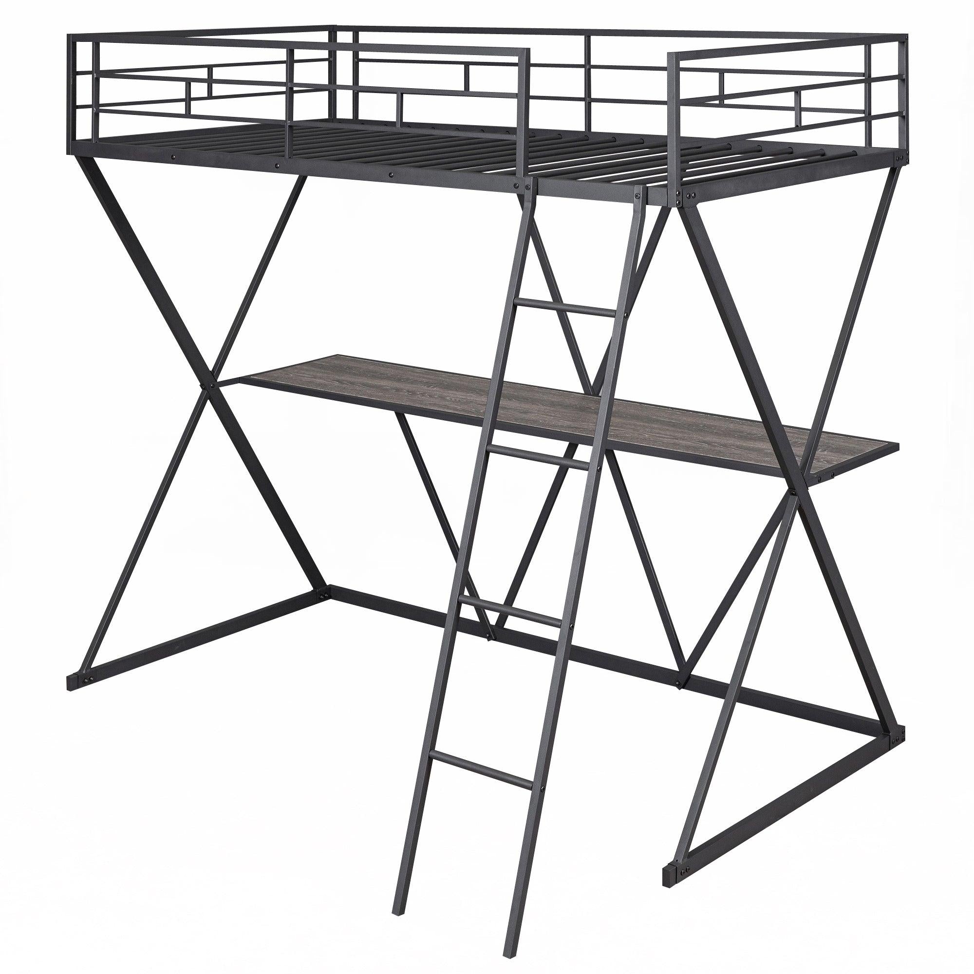 Twin Size Loft Bed with Desk, Ladder and Full-Length Guardrails, X-Shaped Frame, Black+B70608