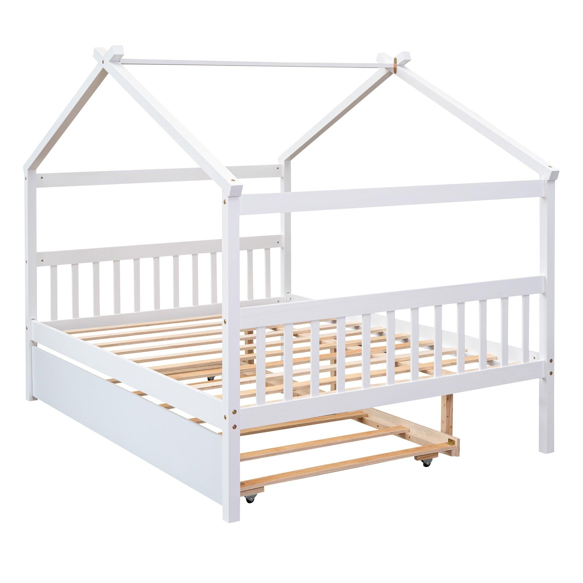 Full Size Wooden House Bed with Twin Size Trundle, White