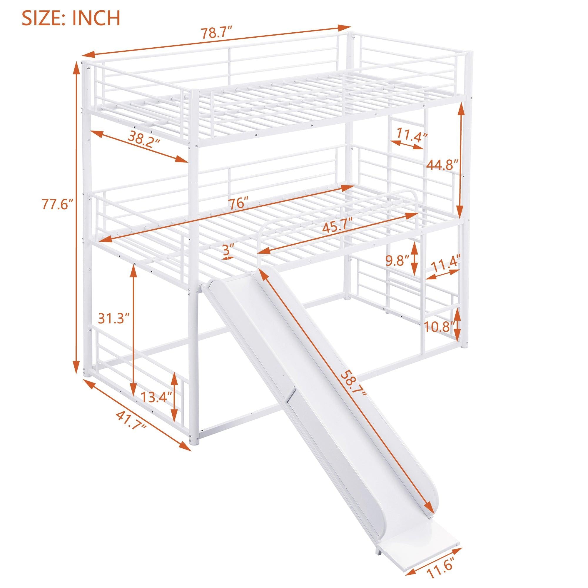 Twin Size Metal Bunk Bed with Ladders and Slide, Divided into Platform and Loft Bed, White