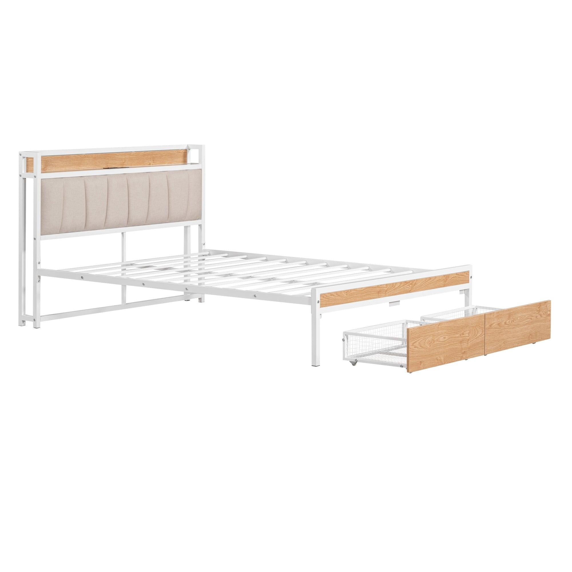 Full Size Metal Platform Bed Frame with 2 drawers, Upholstered headboard ，Sockets, USB Ports and Slat Support ,No Box Spring Needed，White