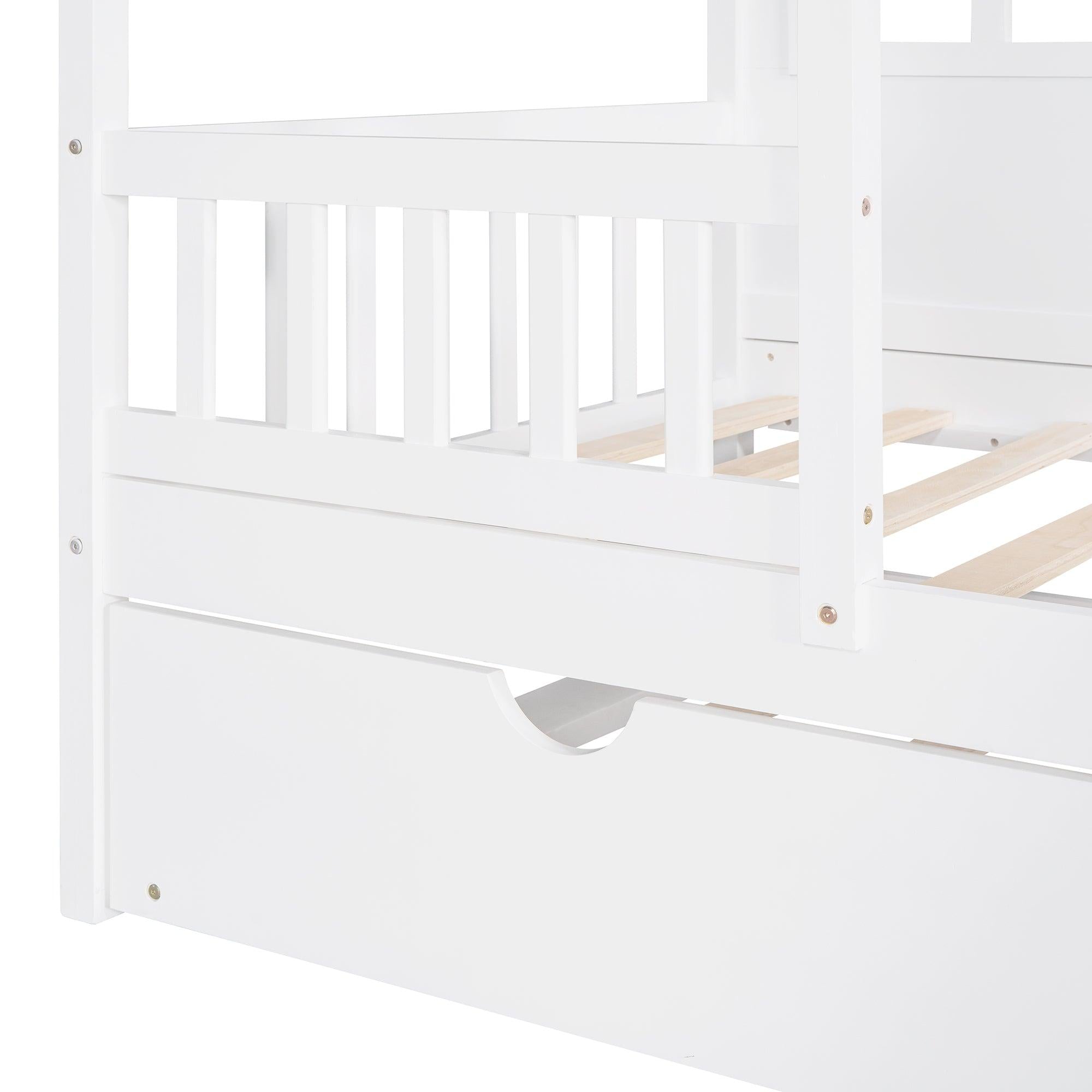 Twin Size Wood House Bed With Twin Size Trundle, Wooden Daybed, White