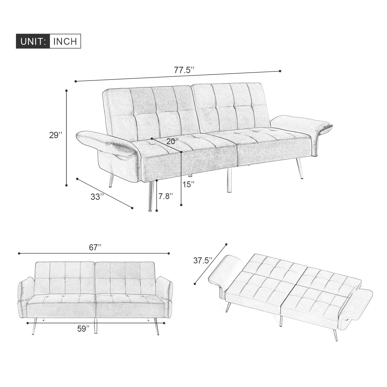 78" Italian Velvet Futon Sofa Bed, Convertible Sleeper Loveseat Couch with Folded Armrests andStorage Bags for Living Room and Small Space, Green 280g velvet