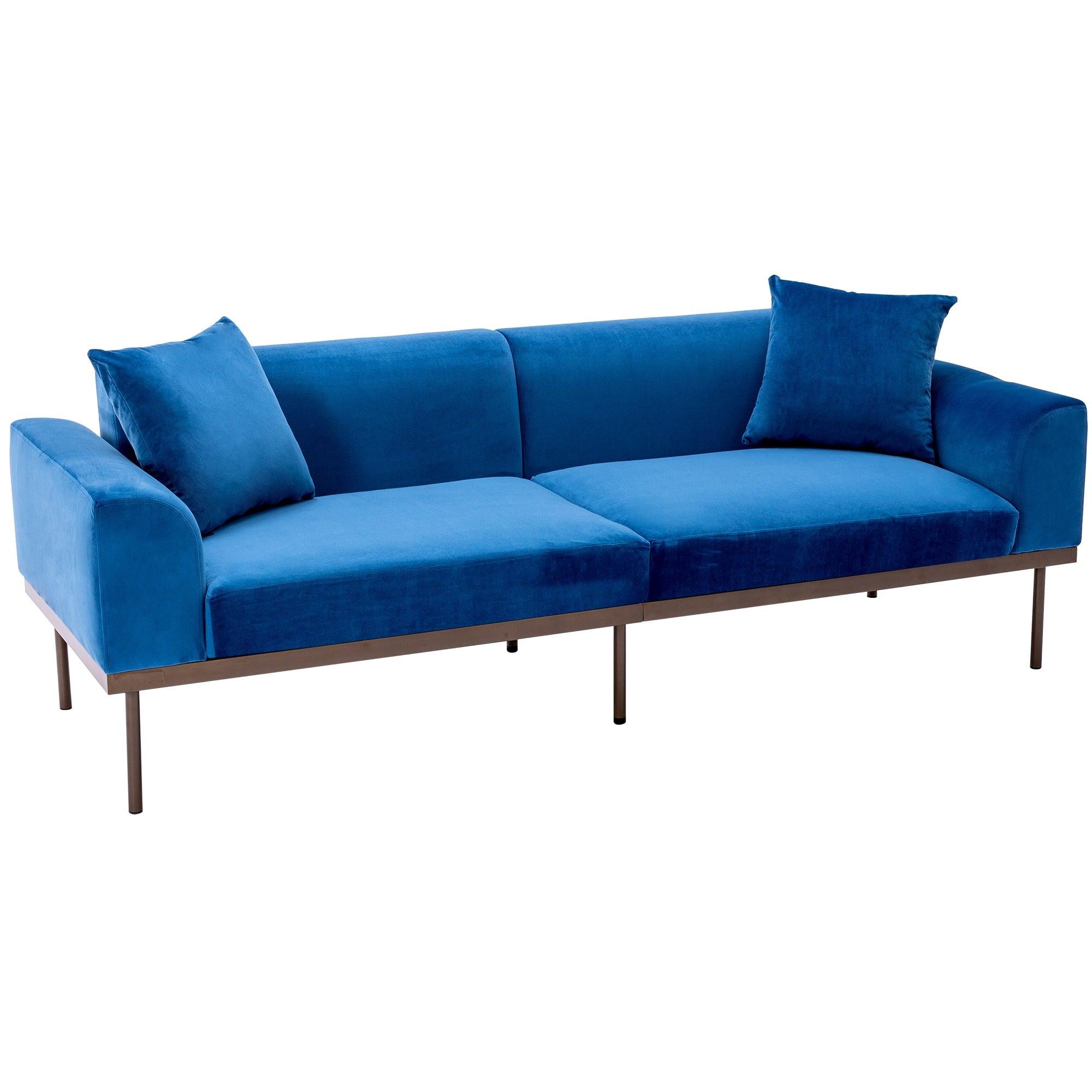 Modern Velvet Sofa with Metal Legs,Loveseat Sofa Couch with Two Pillows for Living Room and Bedroom,Blue image