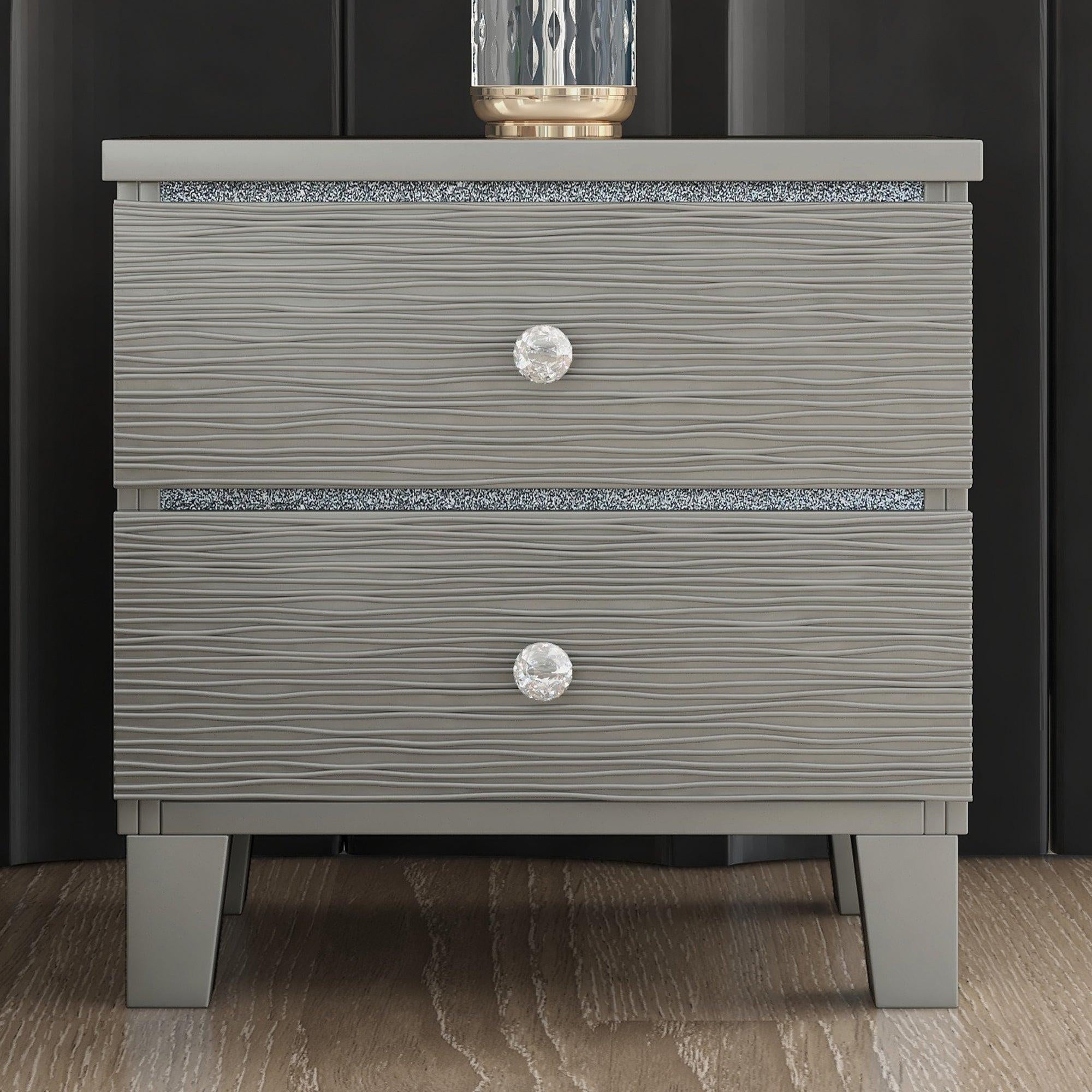 Champagne Silver Rubber Wood Nightstand Side table with 2 Drawers Metal Slides Crystal Handle image