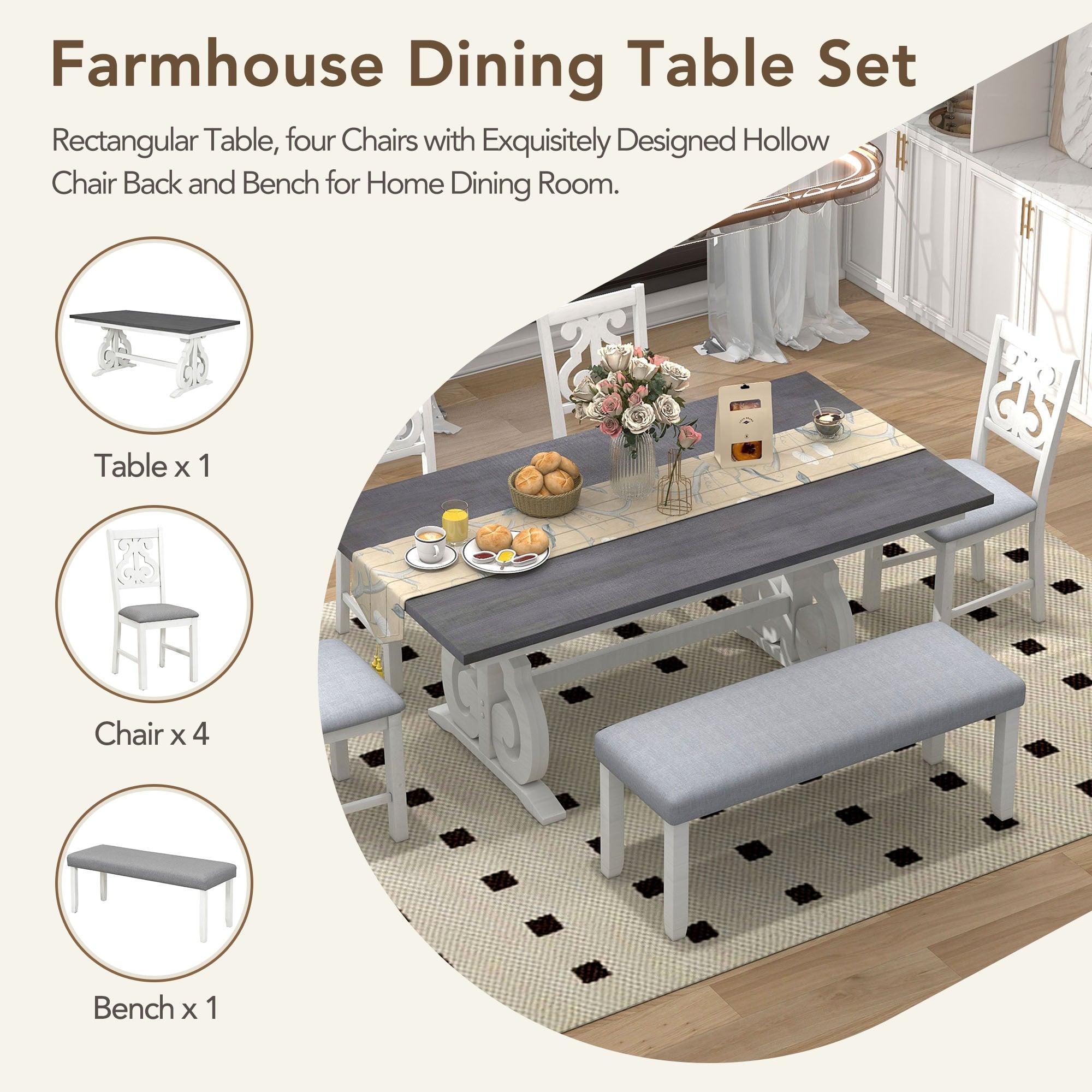 6-Piece Wooden Dining Table Set, Farmhouse Rectangular Dining Table, Four Chairs with Exquisitely Designed Hollow Chair Back and Bench for Home Dining Room (Gray+White)