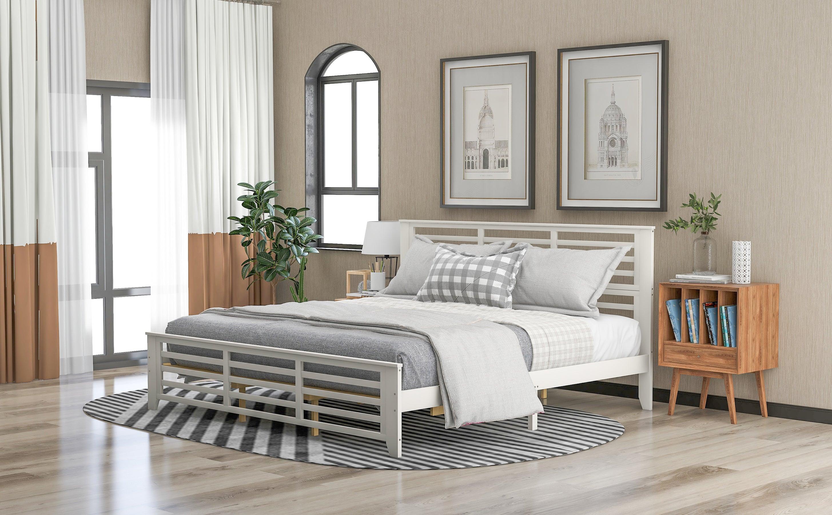 Platform bed with horizontal strip hollow shape, King size, white