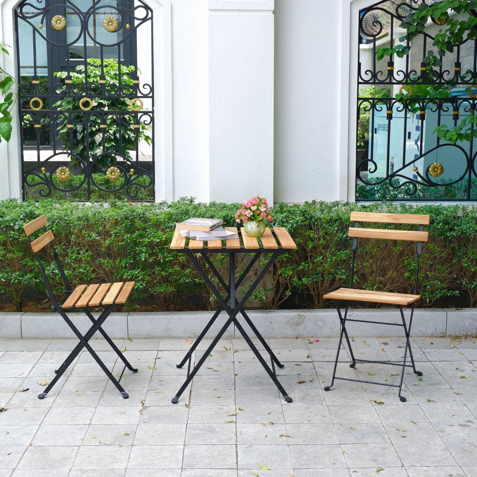 Solid Teak Wood Bistro Set Folding Table And Chair Set Power Coating Frame Patio Set With Waterproof Navy Cushion