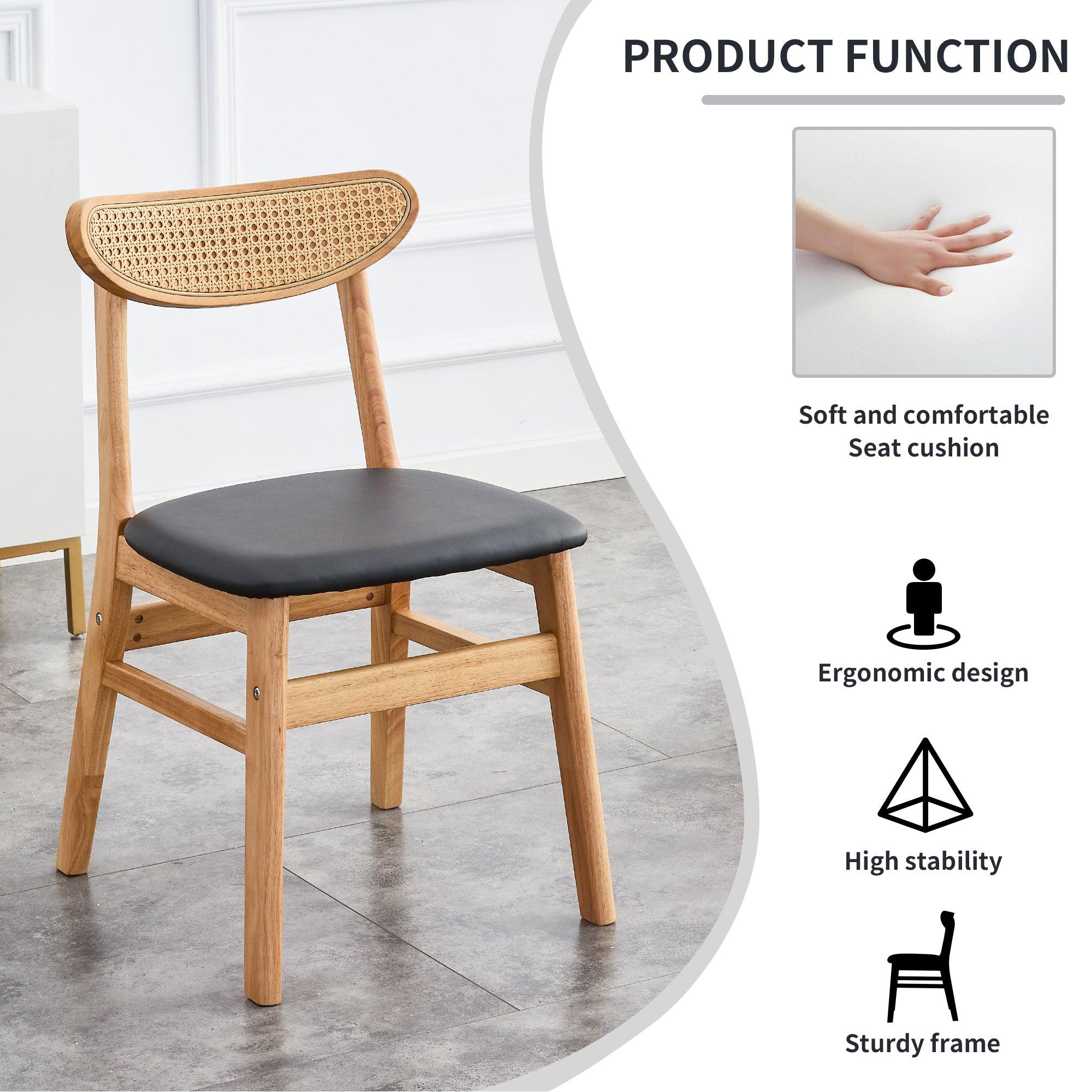 Solid Wood Dining Chair Stylish and Durable Small with Curved Backrest, PU+Foam Cushion, and Plastic Rattan Surface - Perfect for Any Room Décor and Daily Use