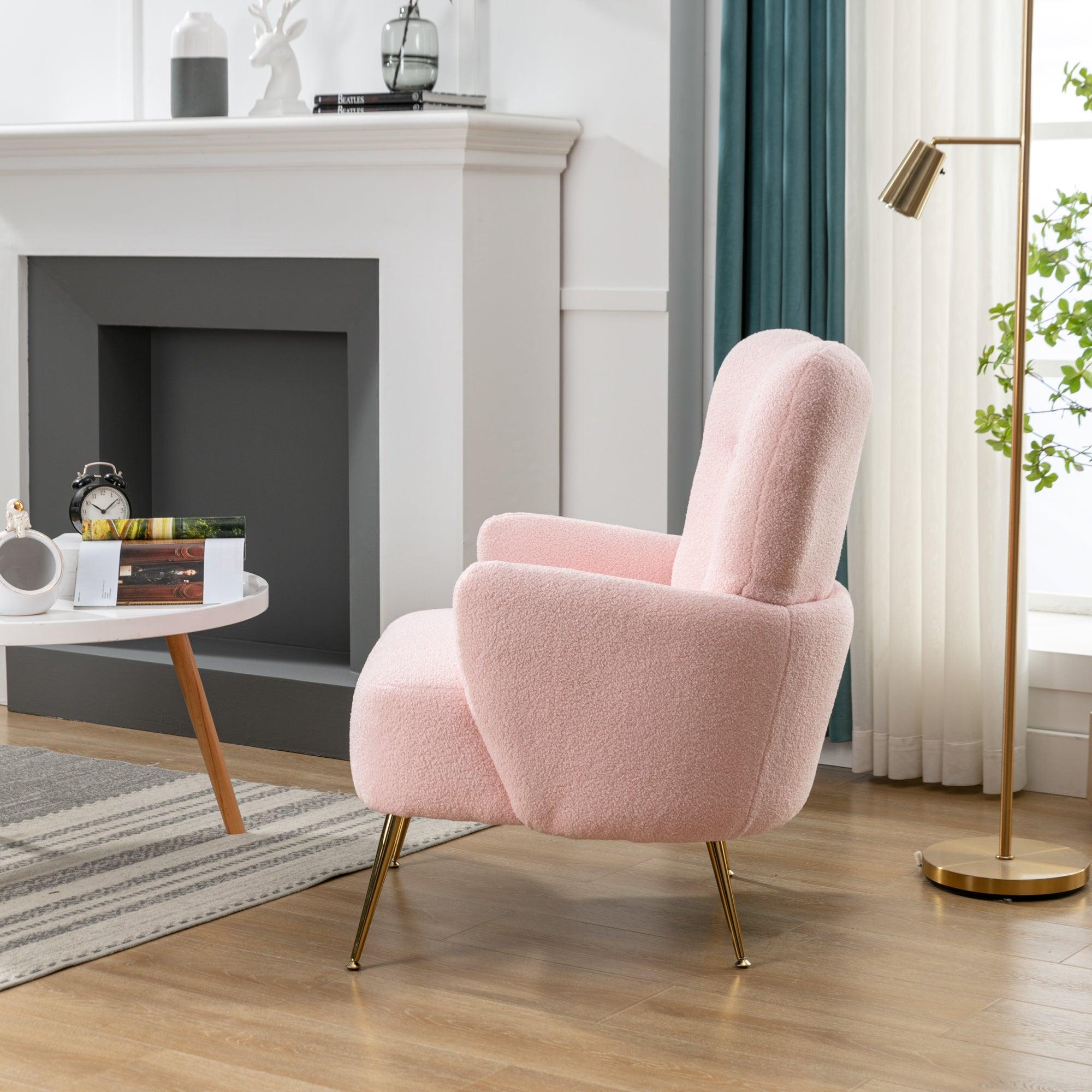 Cozy Teddy Fabric Arm Chair with Sloped High Back and Contemporary Metal Legs ,Pink