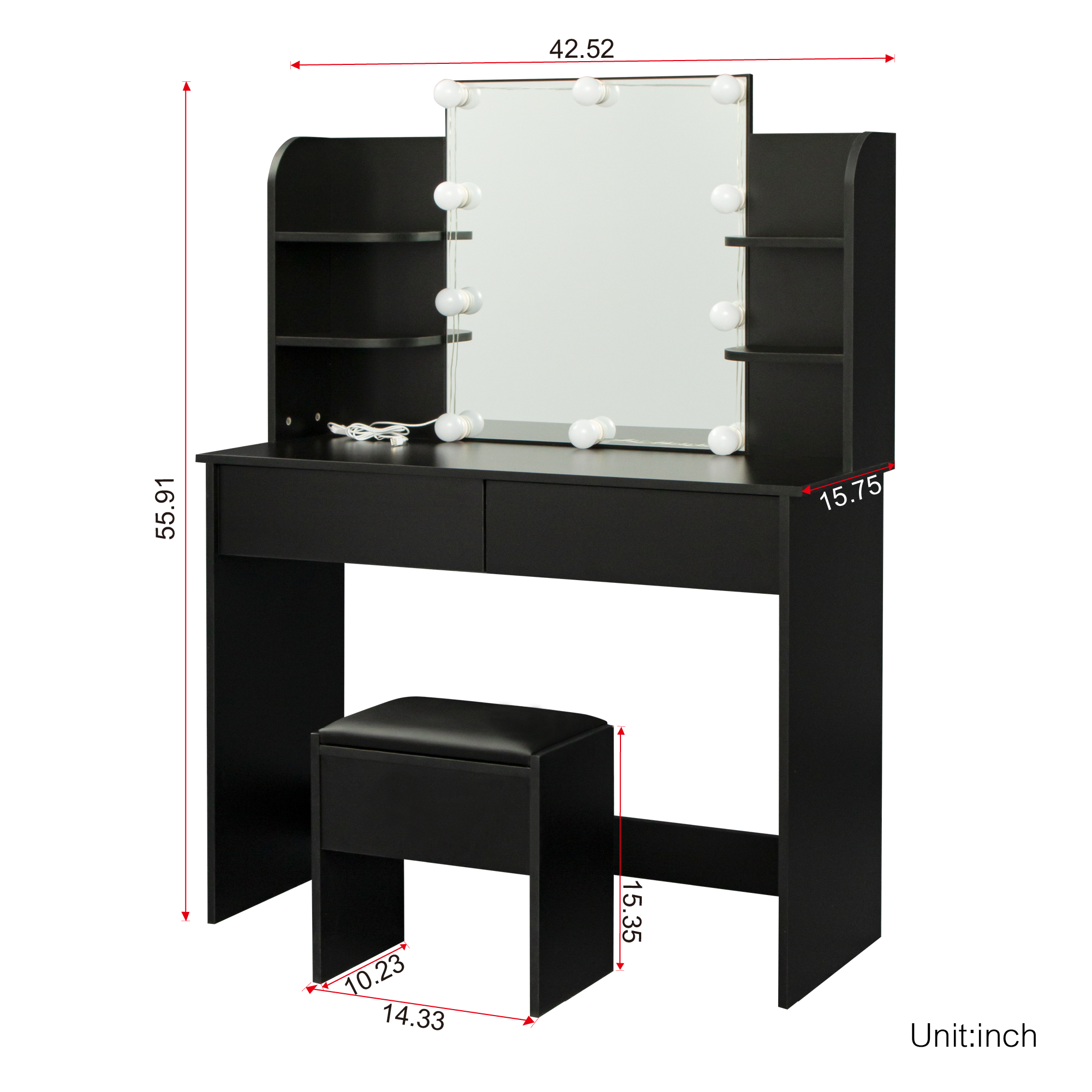 Modern Dressing table with 2 Drawers, 4 open shelves，Rectangular Makeup Table with Mirror, 10-lamp bulb,,42.52*15.75* 52.76inch,for Bedroom, Black