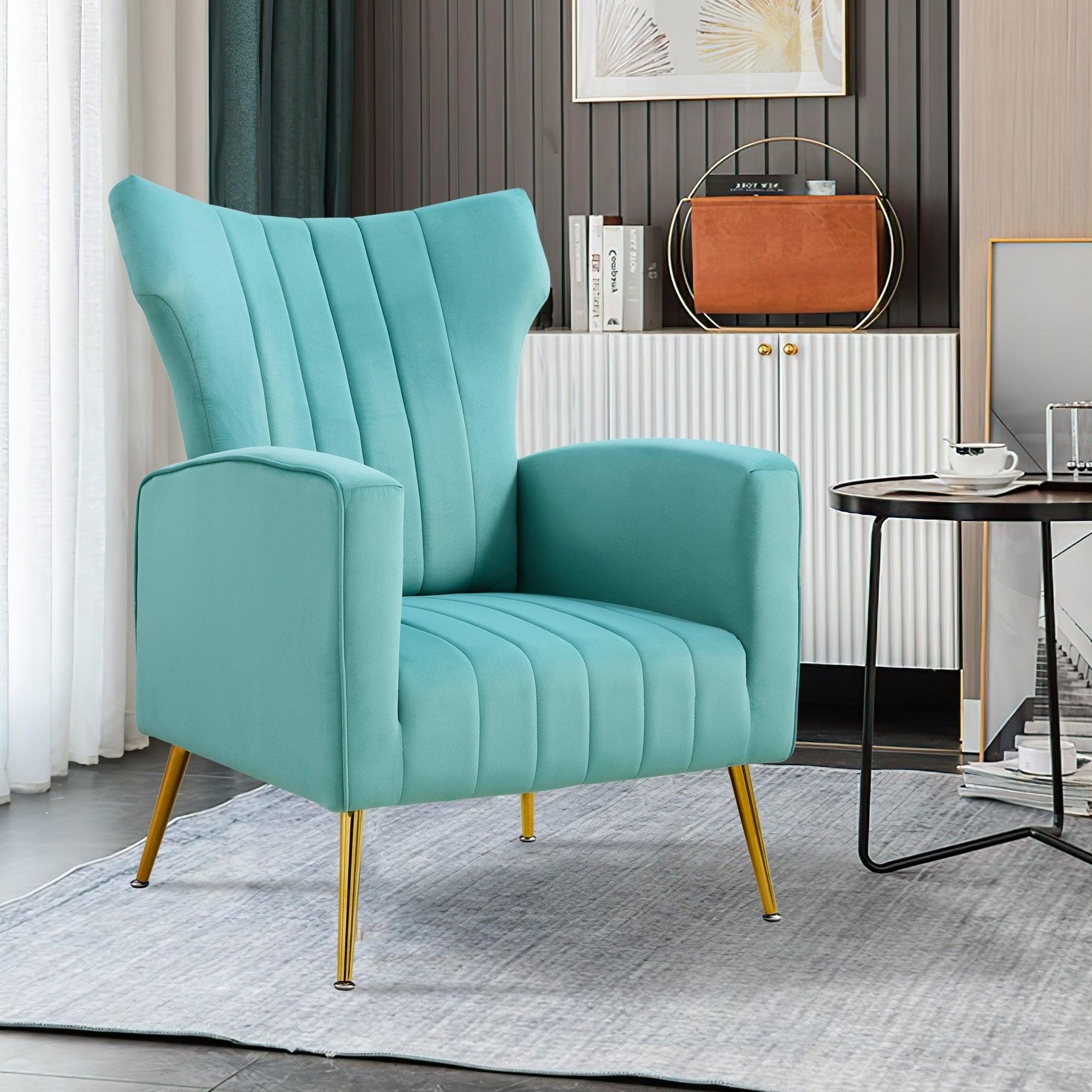 Modern Velvet Accent Chair with Arms, Wingback Reading Chair with Gold Metal Legs, Comfy Upholstered Single Leisure Sofa for Living Room Bedroom Club(Velvet+Blue)