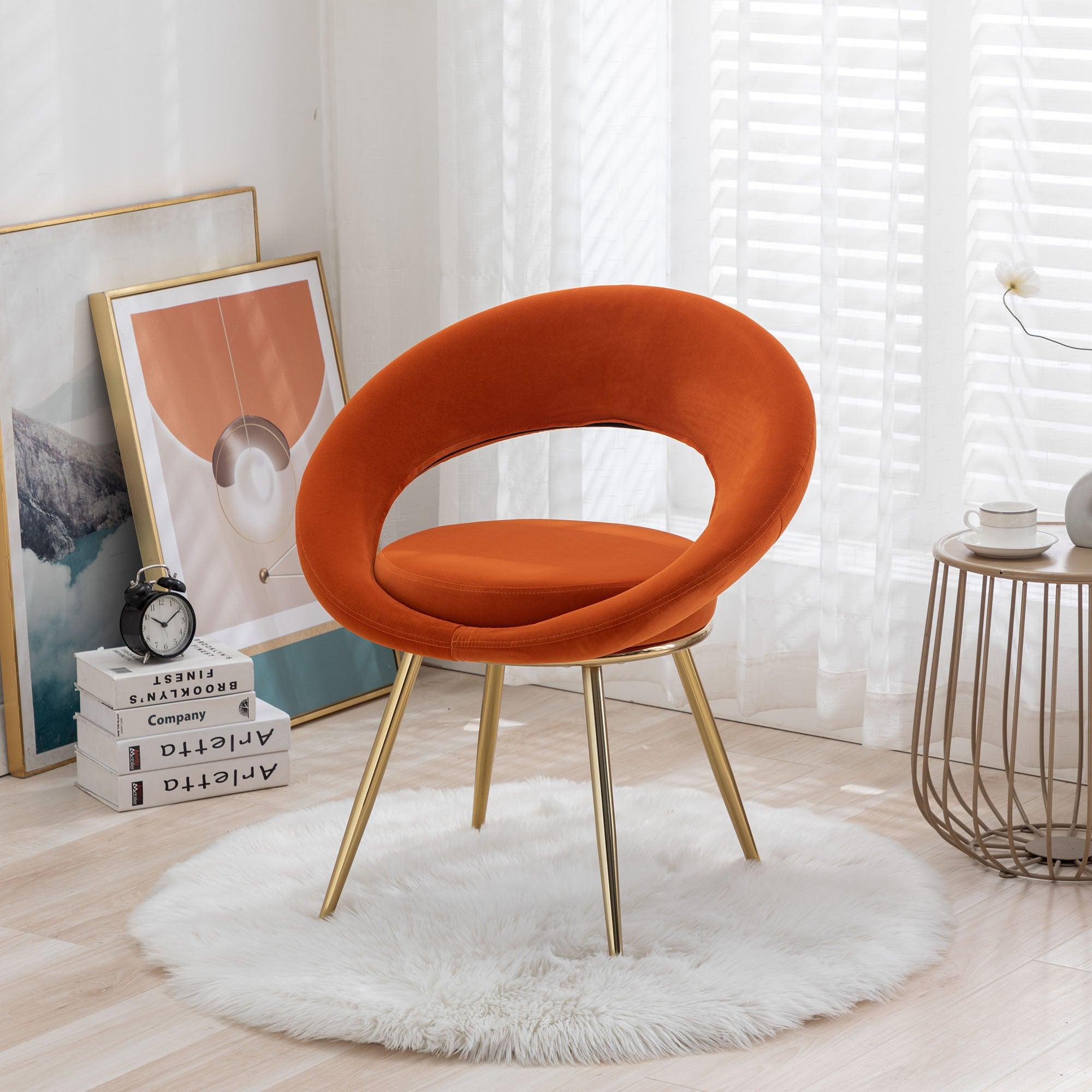 Orange VelvetModern accent/Conversation Lounge Chair With  Gold Plated Legs, unique appearance，Suitable For Office, Lounge, Living Room image