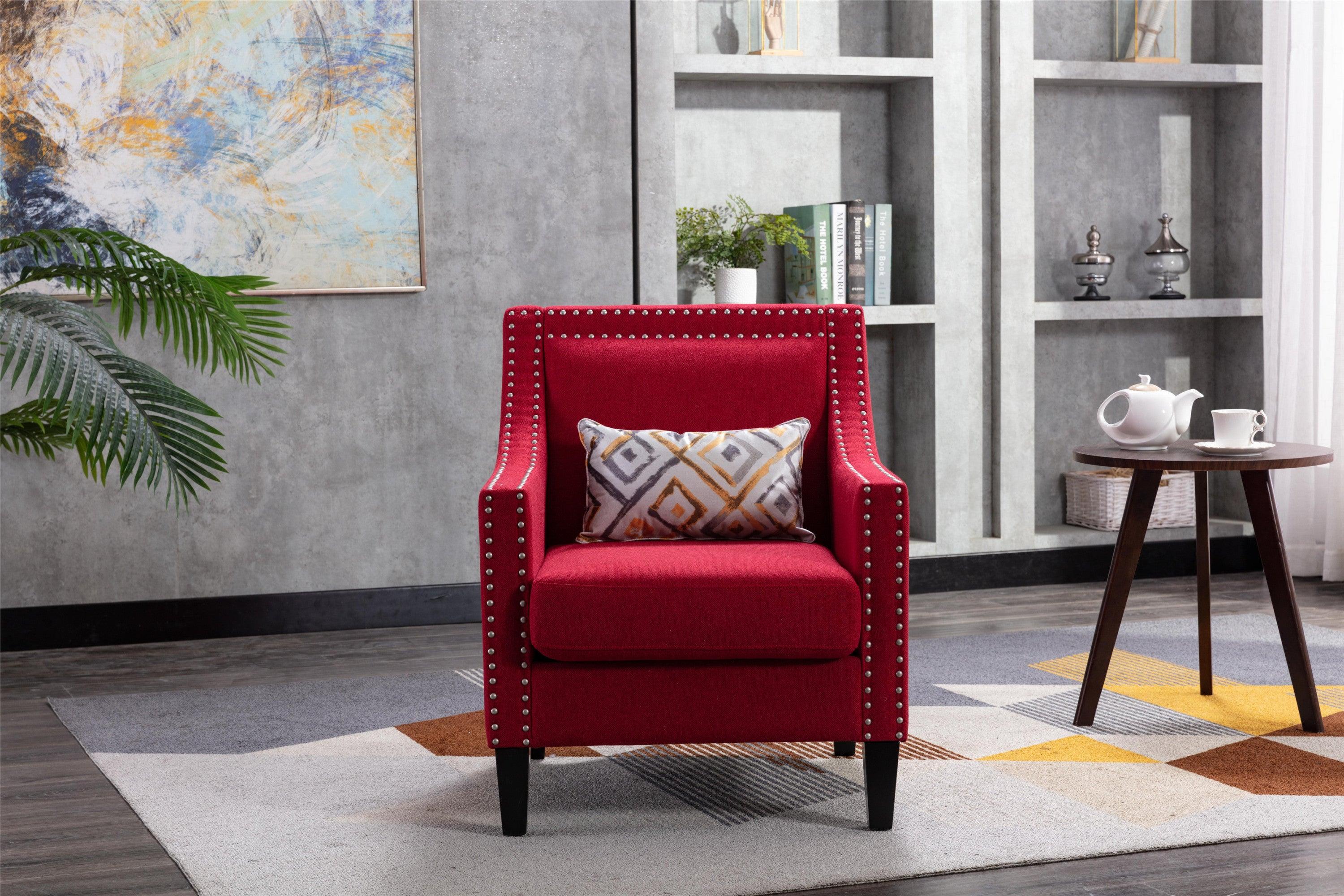 accent armchair living room chair  with nailheads and solid wood legs  Red Linen image