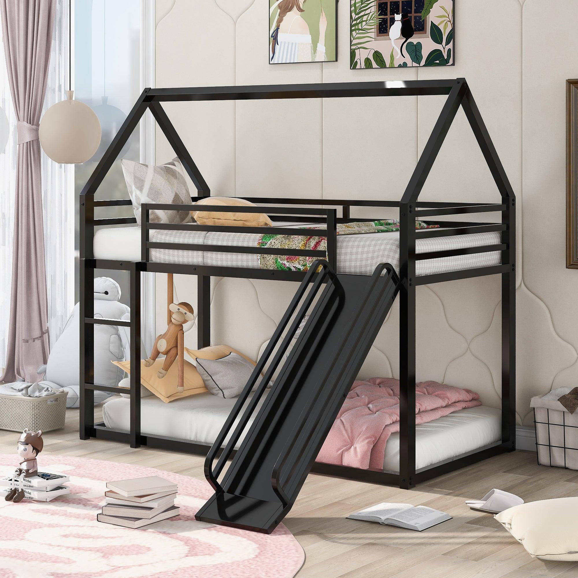 Twin over Twin House Bunk Bed with Ladder and Slide,Black image