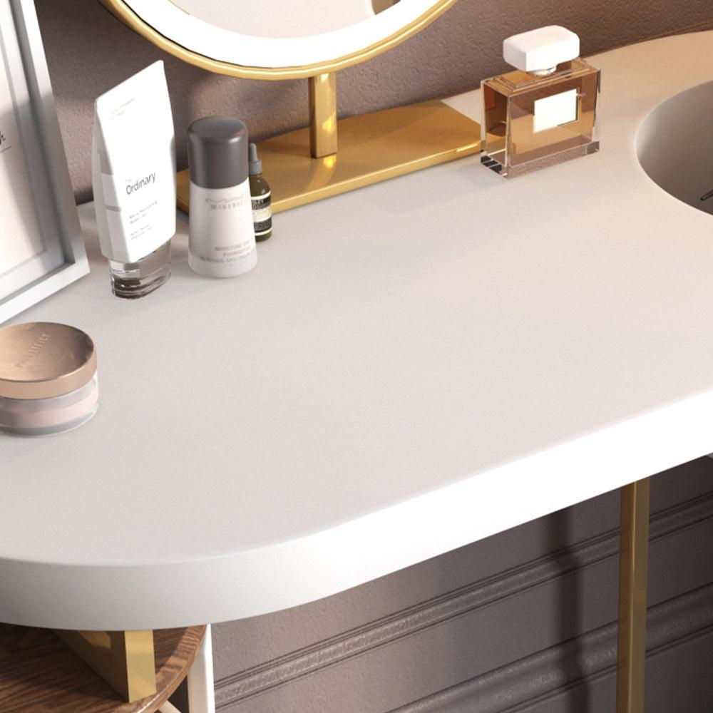 Modern Makeup Vanity Table With LED Lighted Mirror, Dressing Table with Movable Tray Top, 4 Solid Wood Drawer, Without Stool, 43", White