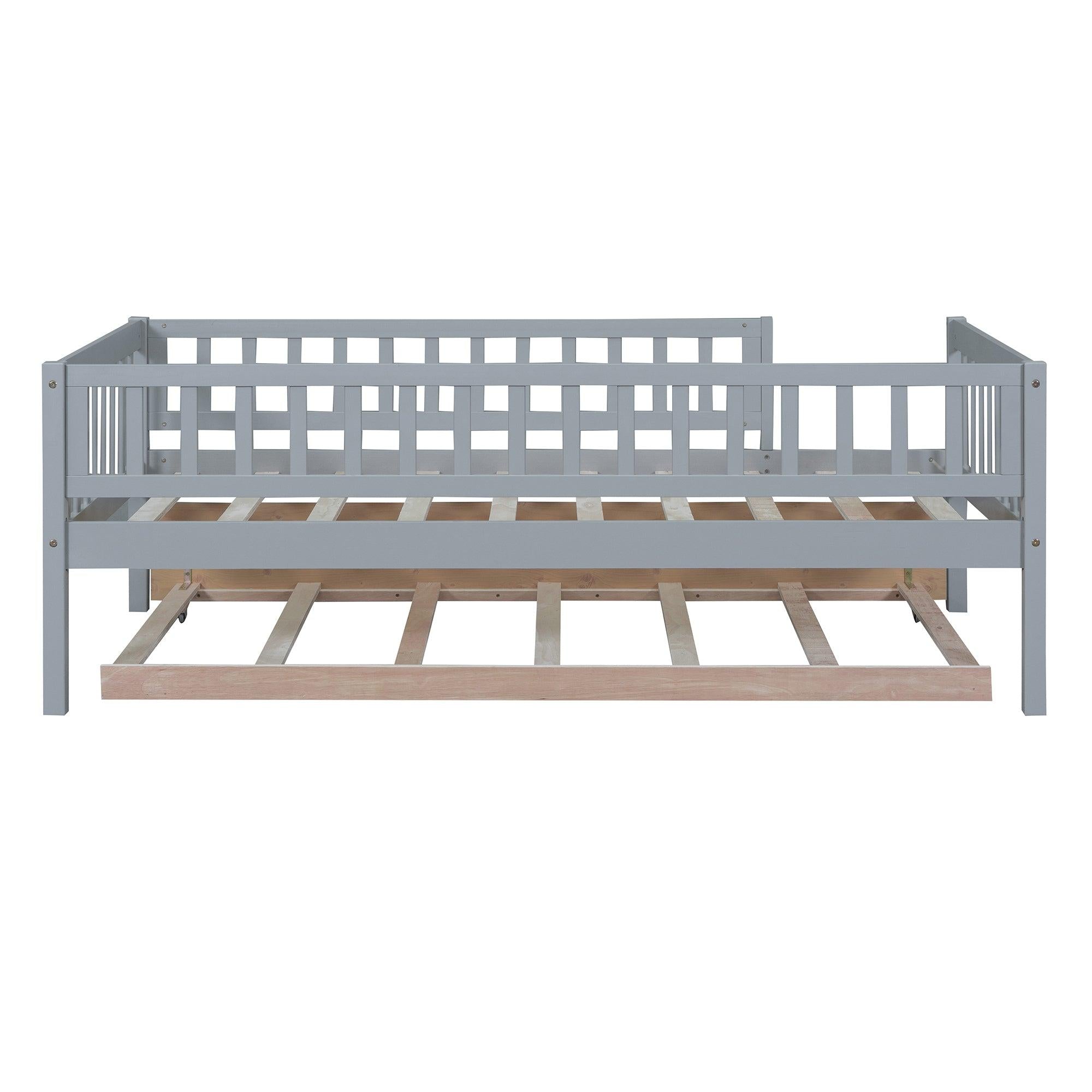 Twin Size Wood Daybed with Trundle and Fence Guardrails, Gray