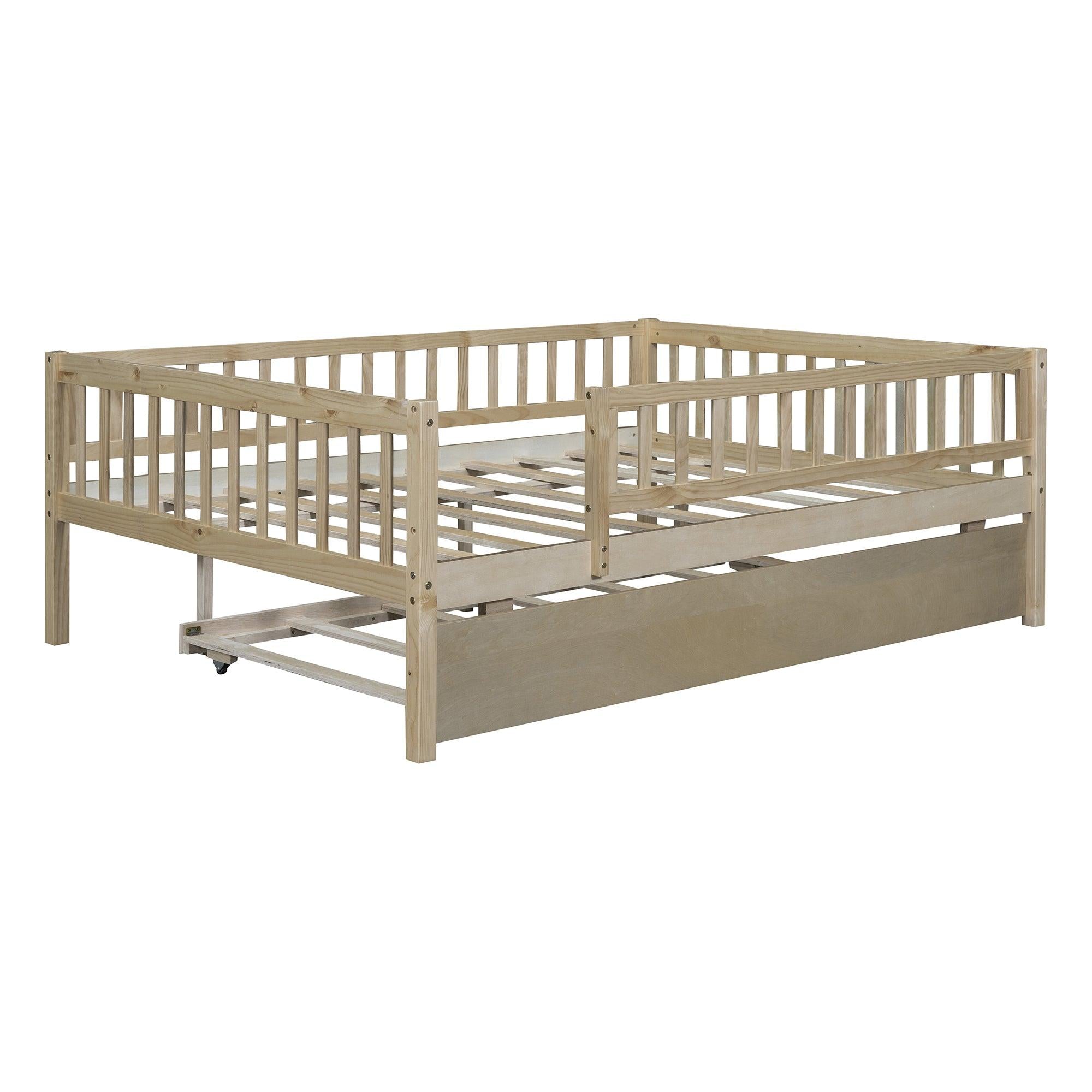 Full Size Wood Daybed with Trundle and Fence Guardrails, Natural