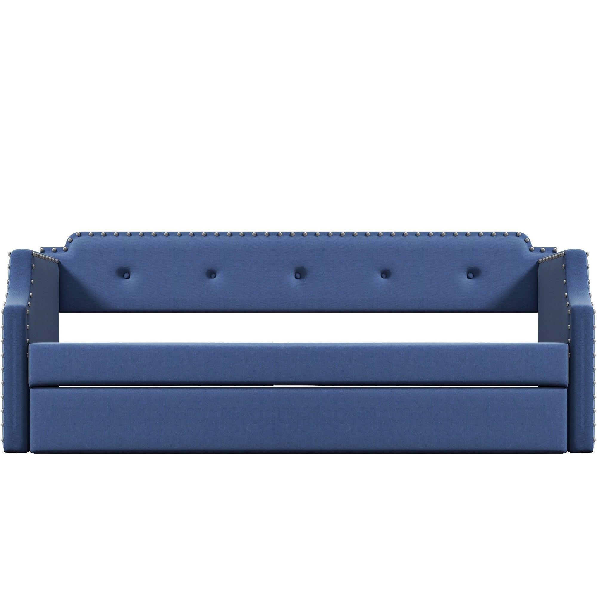 Upholstered Daybed with Trundle, Wood Slat Support,Upholstered Frame Sofa Bed , Twin,Blue