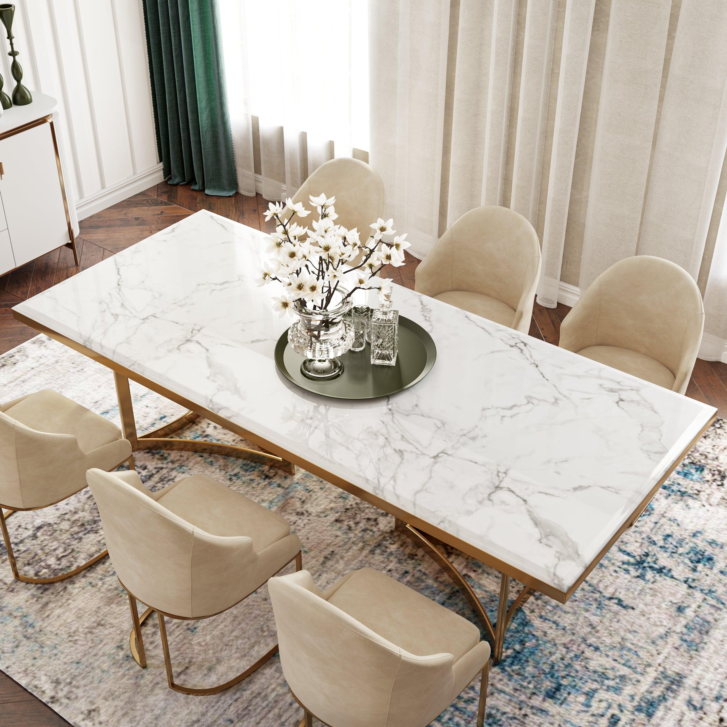 BuraModern Marble Dining Table with Rectangular Tabletop Gold Stainless Legs, for Kitchen and Dining Room image