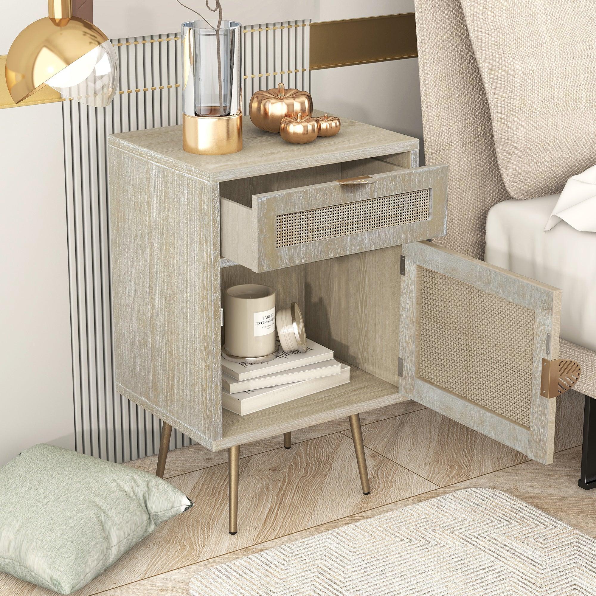 Wooden Nightstand with Rattan Panel,One Drawer ,One Cabinet and Metal Feet  Bedside Table (Natural)