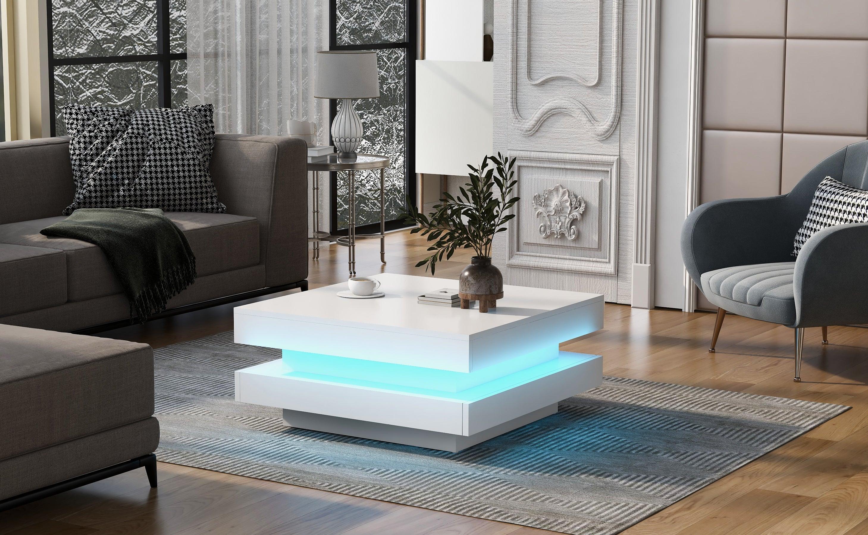 High Gloss Minimalist Design with plug-in 16-color LED Lights, 2-Tier Square Coffee Table, Center Table for Living Room, 31.5”x31.5”x14.2”, White