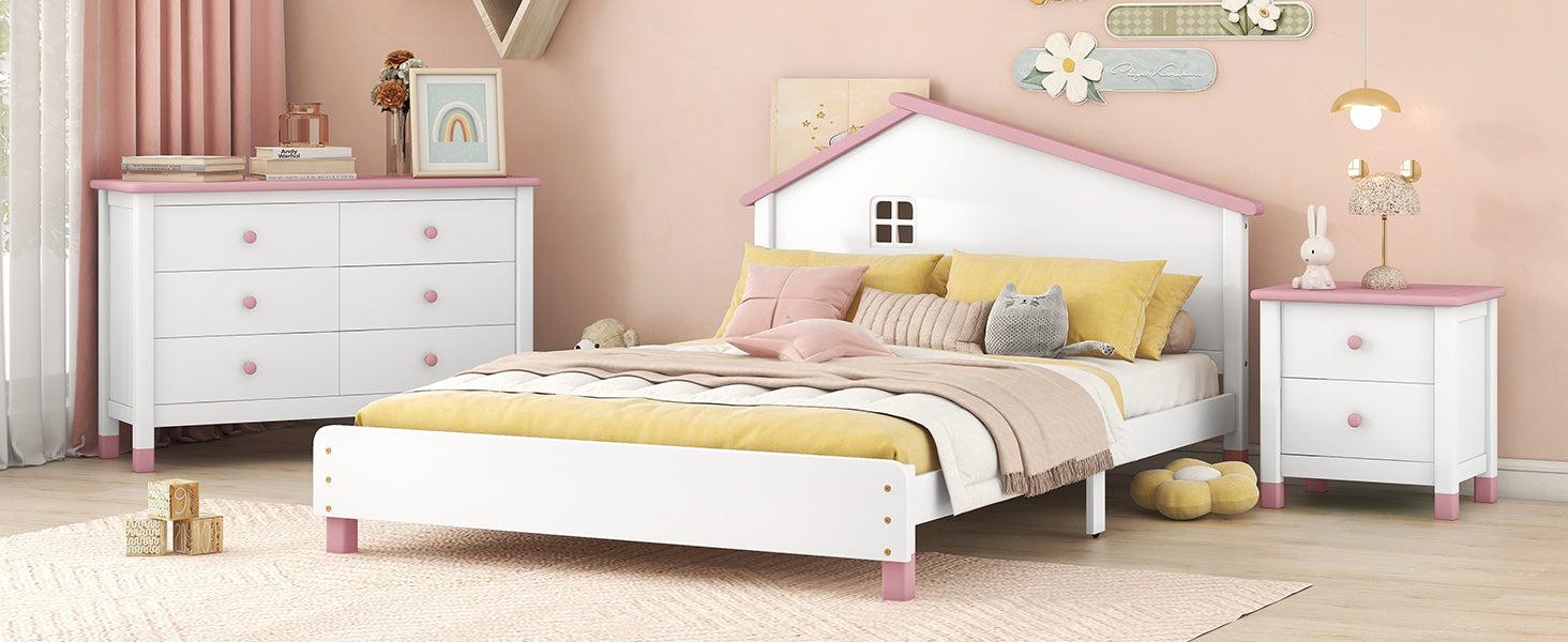 3-Pieces Bedroom Sets Full Size Platform Bed with Nightstand andStorage dresser,White+Pink