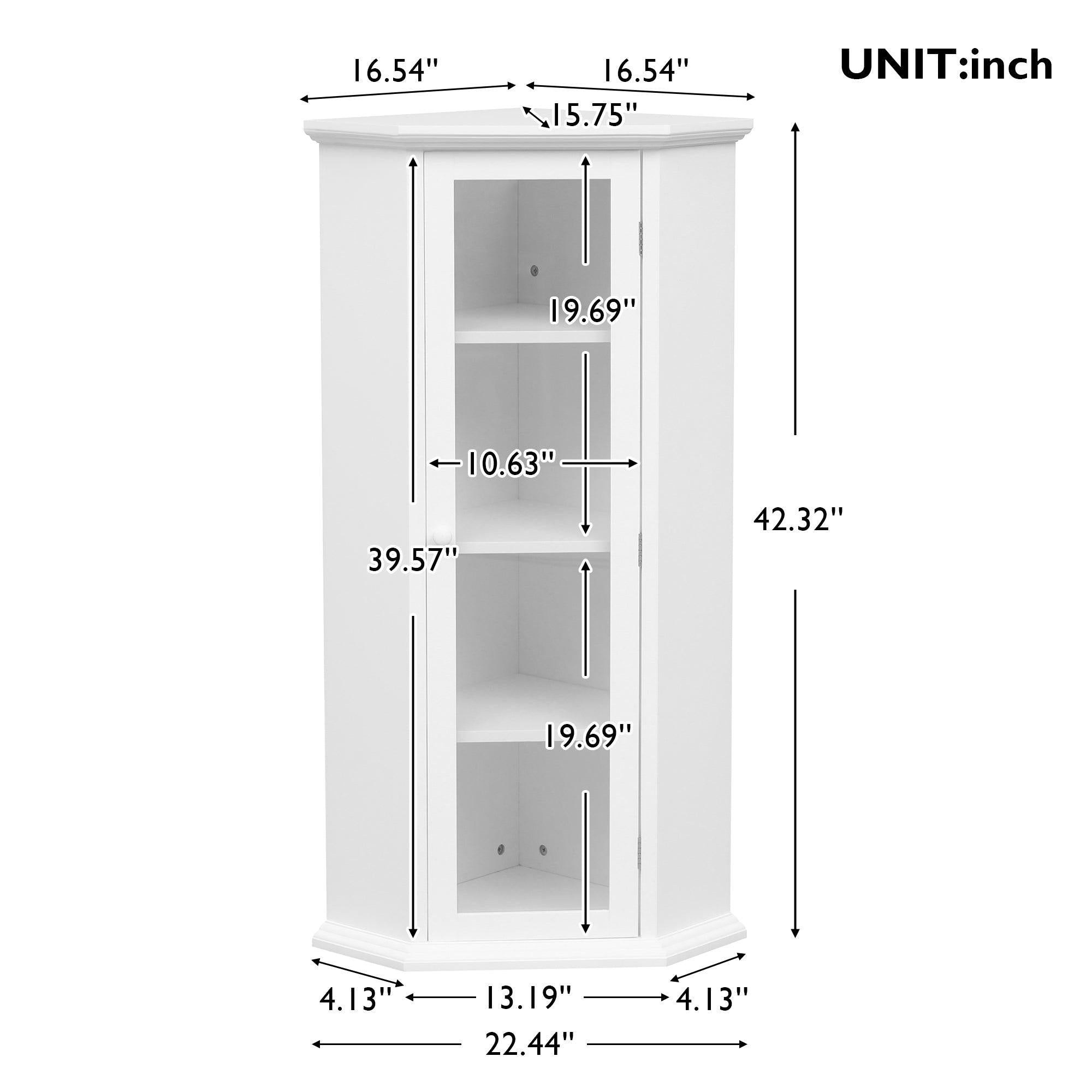 Freestanding Bathroom Cabinet with Glass Door, CornerStorage Cabinet for Bathroom, Living Room and Kitchen, MDF Board with Painted Finish, White