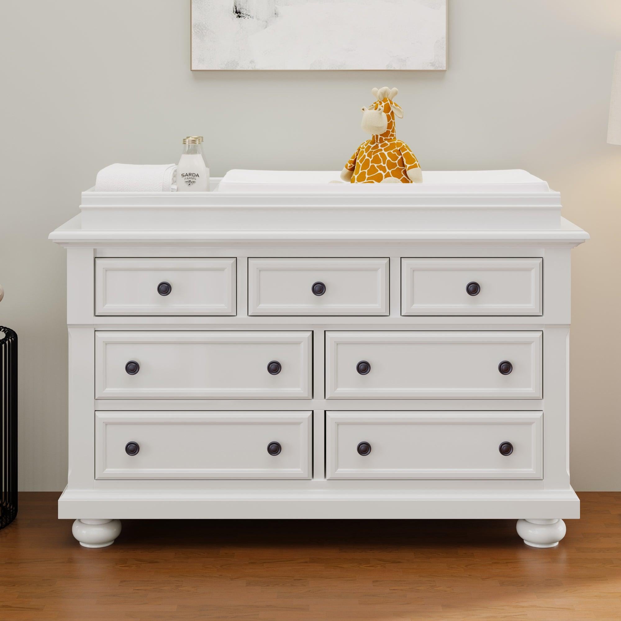 Solid Wood Seven-Drawer Dresser with Changing Topper for Nursery, Kid’s Room, Bedroom, White image