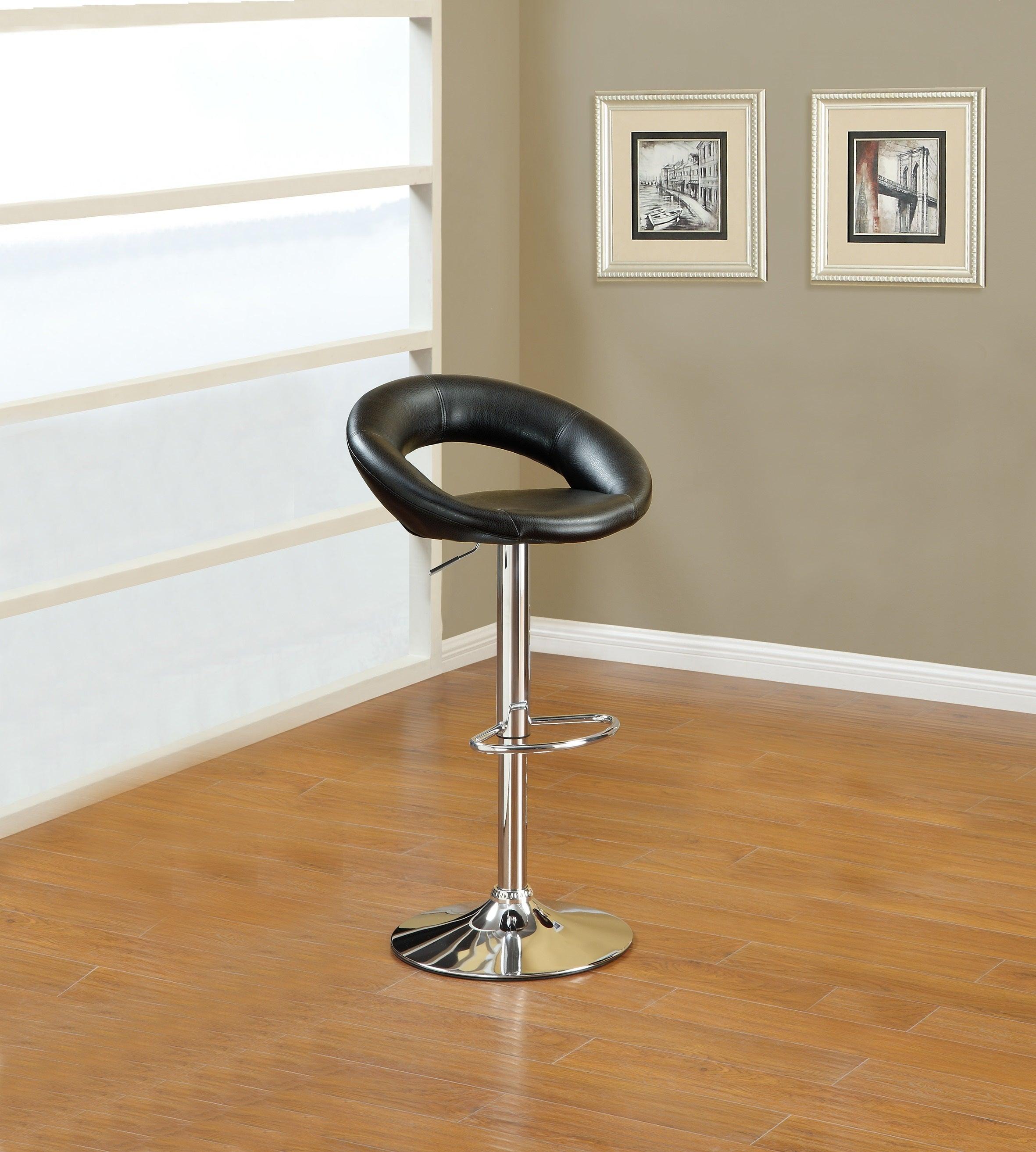 Black Faux Leather Stool Adjustable Height Chairs Set of 2 Chair Swivel Design Chrome Base PVC Dining Furniture image