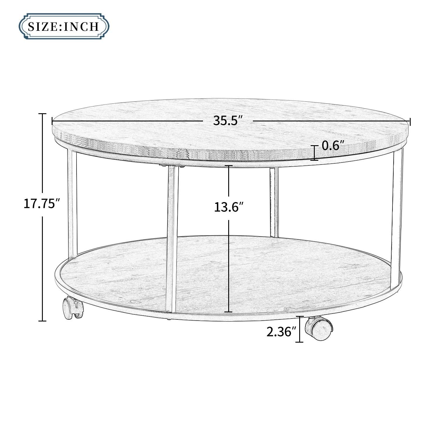 Round Coffee Table with Caster Wheels and Wood Textured Surface for Living Room, φ35.5”( Distressed Brown)